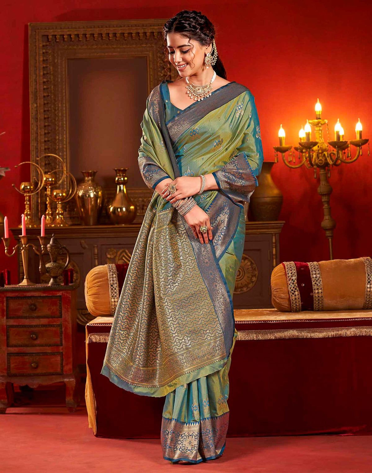 Moss Green Silk Woven Banarasi Saree