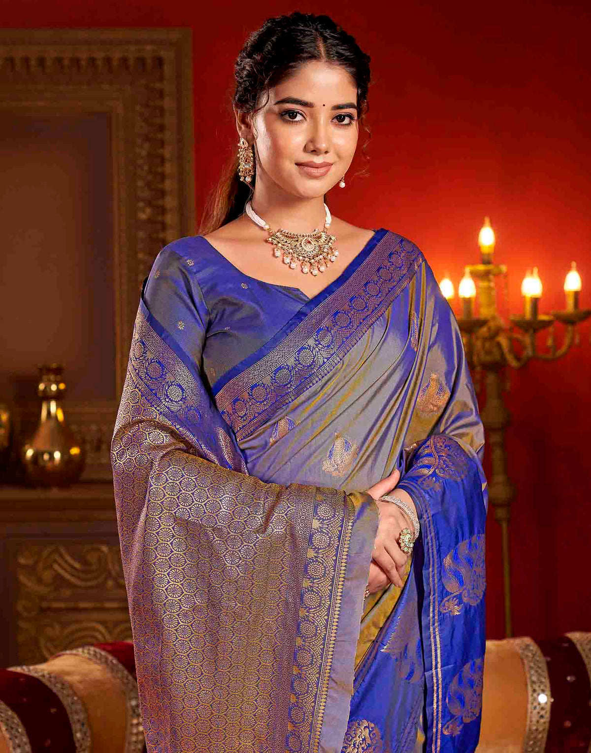 Greyish Blue Silk Woven Banarasi Saree