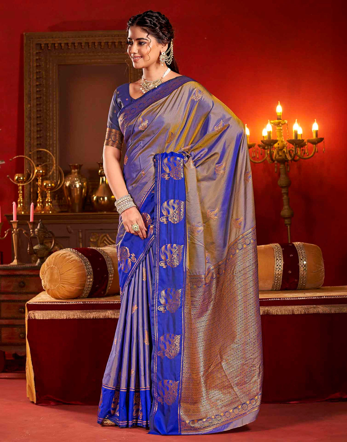Greyish Blue Silk Woven Banarasi Saree