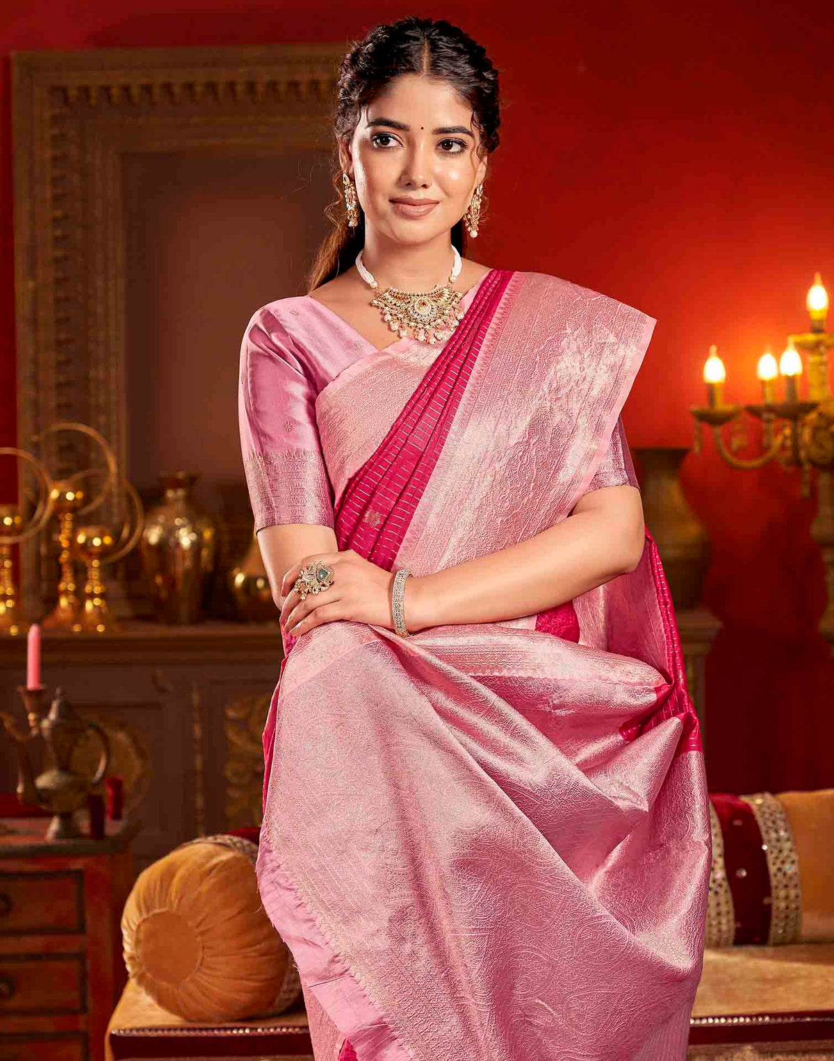 Magenta Silk Woven Zari Stripe Saree
