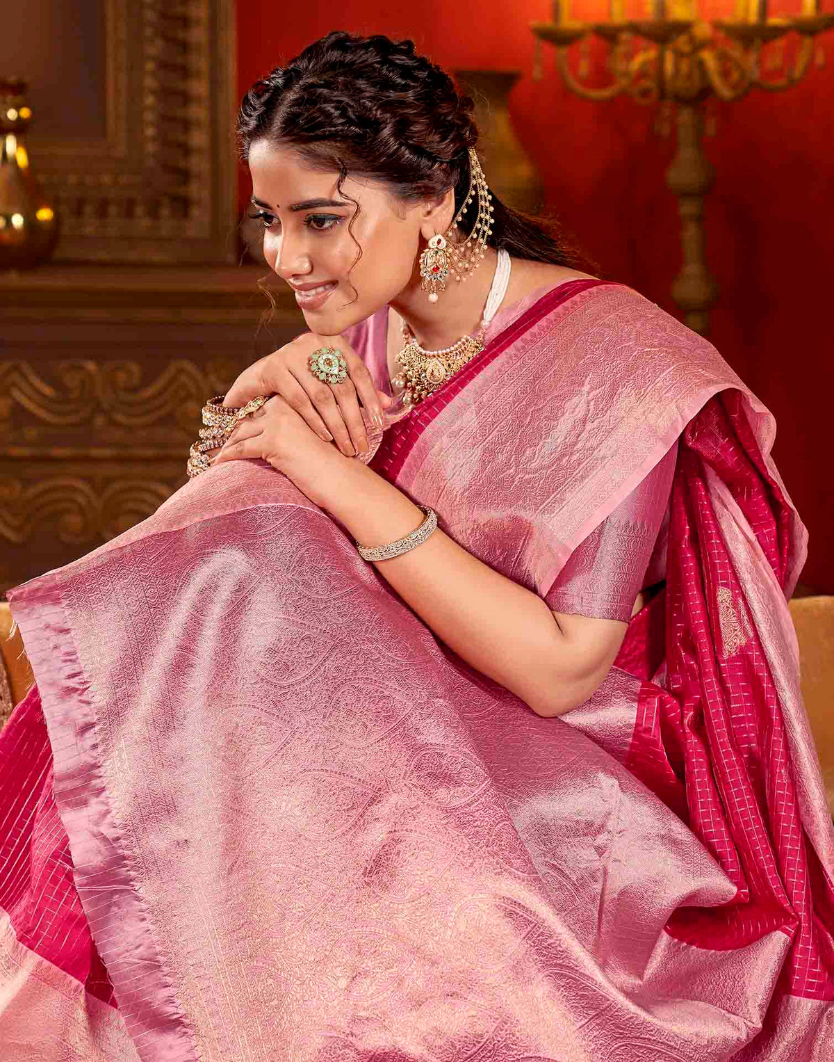 Magenta Silk Woven Zari Stripe Saree