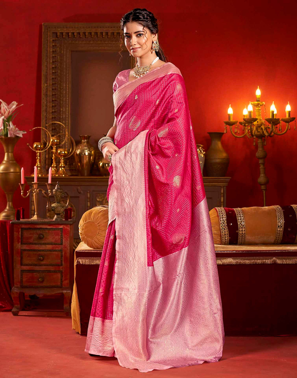 Magenta Silk Woven Zari Stripe Saree