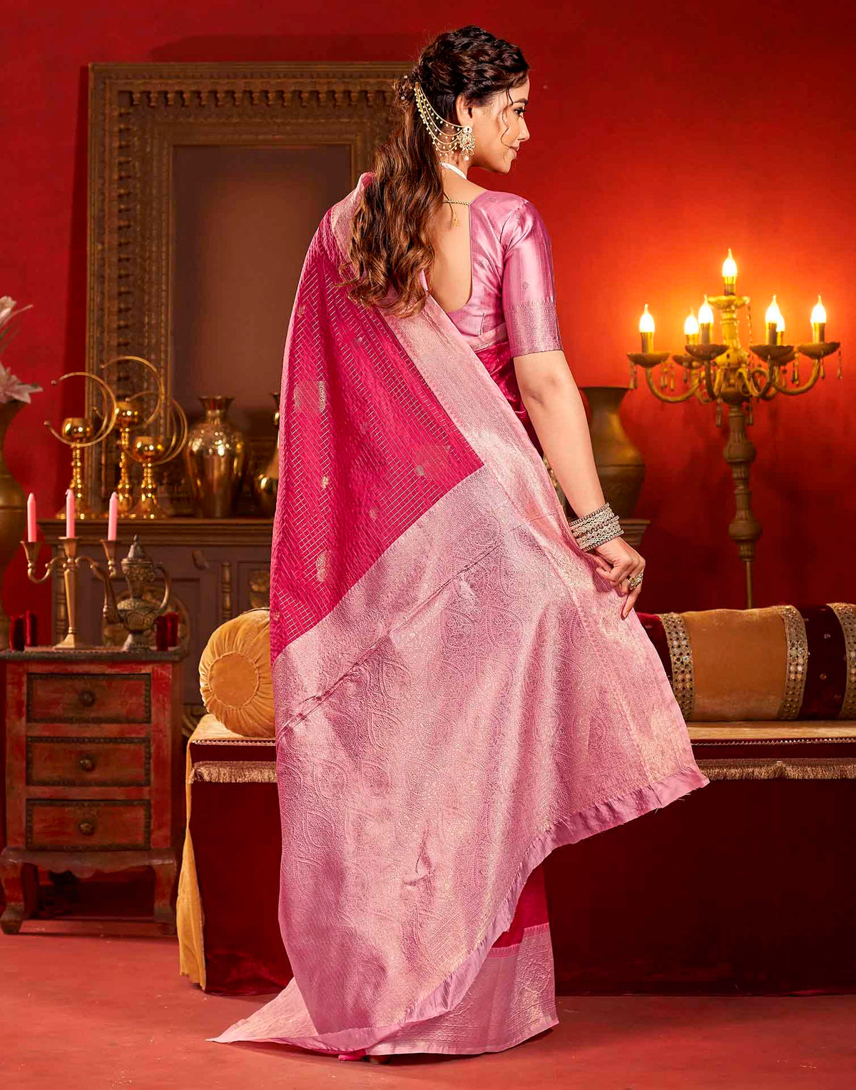 Magenta Silk Woven Zari Stripe Saree