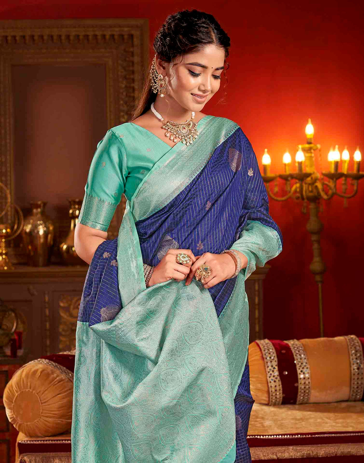 Blue Silk Woven Zari Stripe Saree