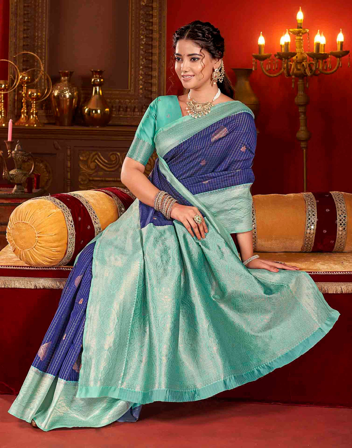 Blue Silk Woven Zari Stripe Saree