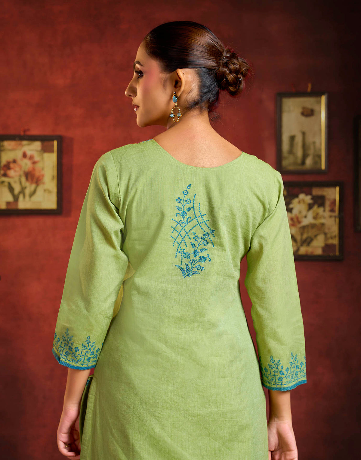 Parrot Green Pure Cotton Woven Straight Kurta Set With Dupatta