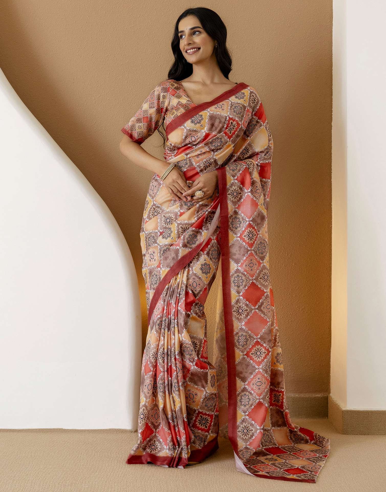 Ready To Wear Beige Silk Printed Saree