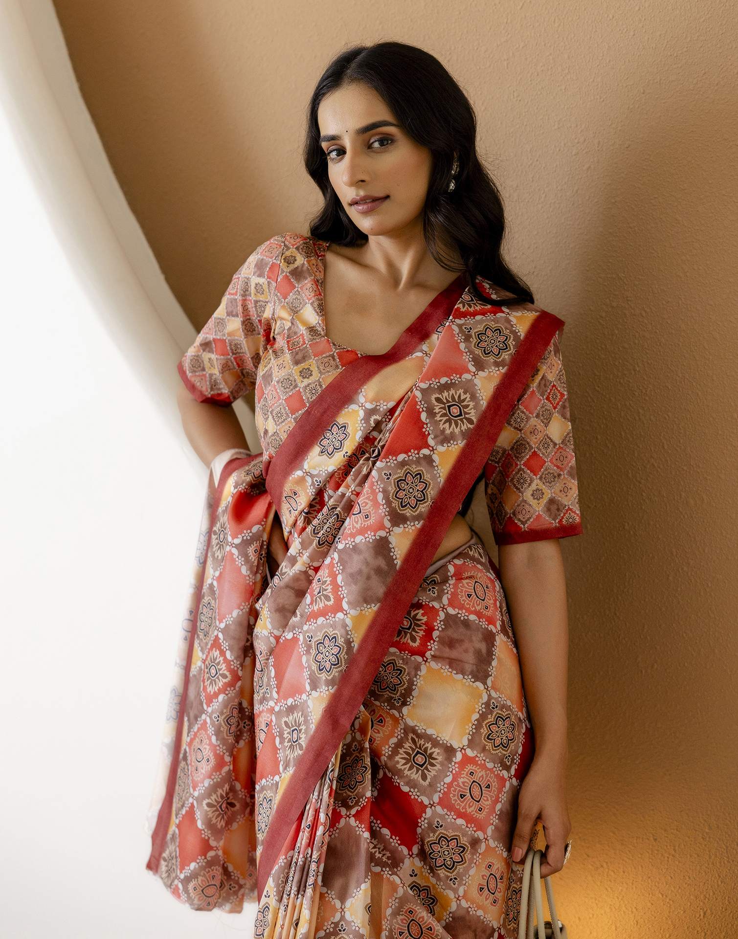 Ready To Wear Beige Silk Printed Saree