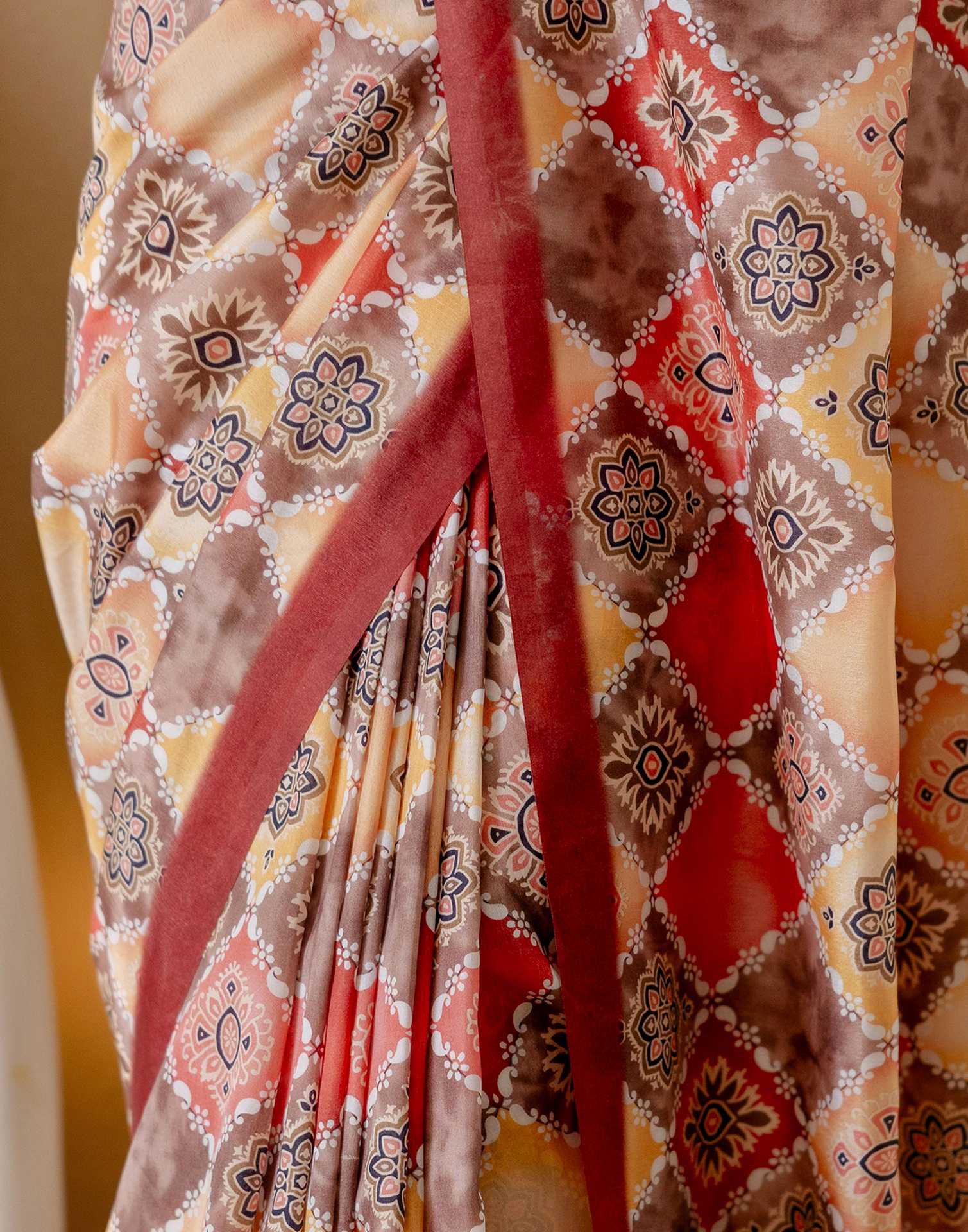 Ready To Wear Beige Silk Printed Saree