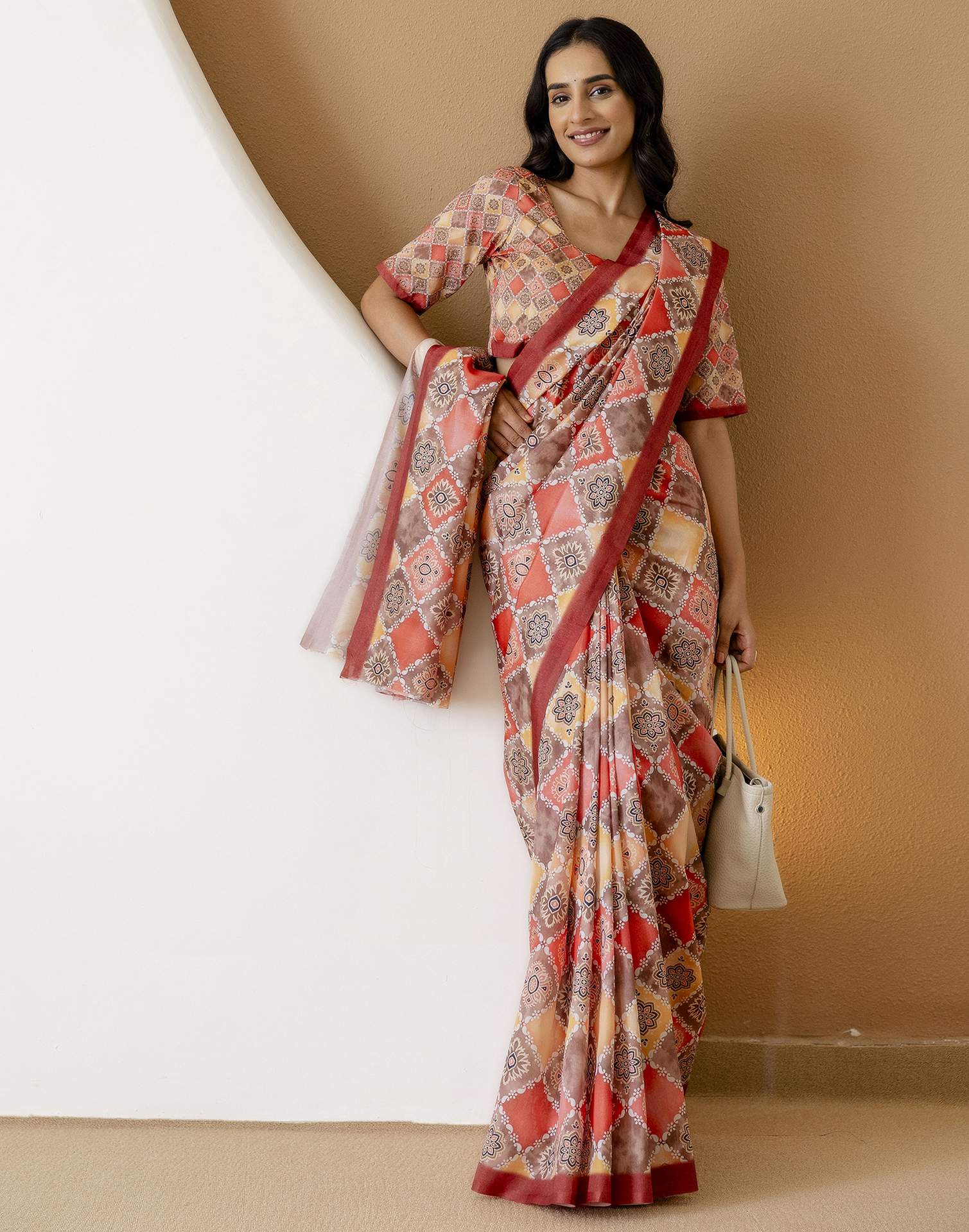 Ready To Wear Beige Silk Printed Saree