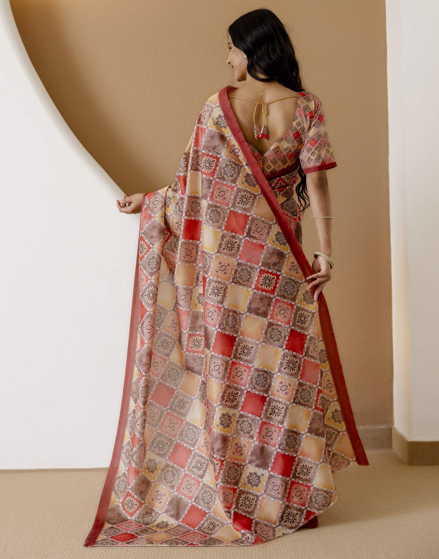 Ready To Wear Beige Silk Printed Saree