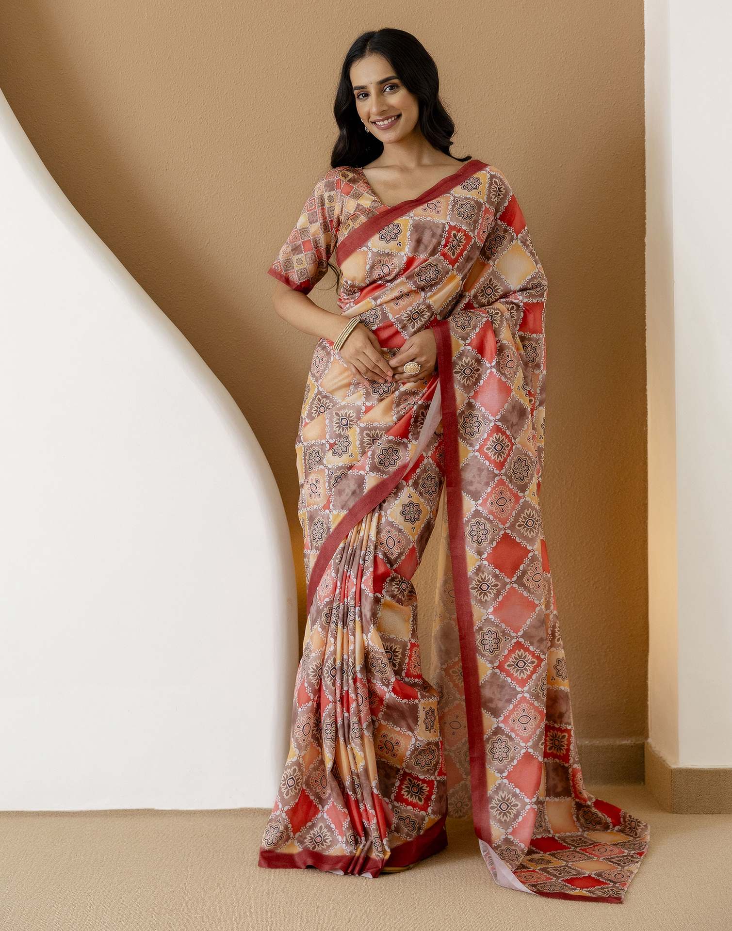 Ready To Wear Beige Silk Printed Saree