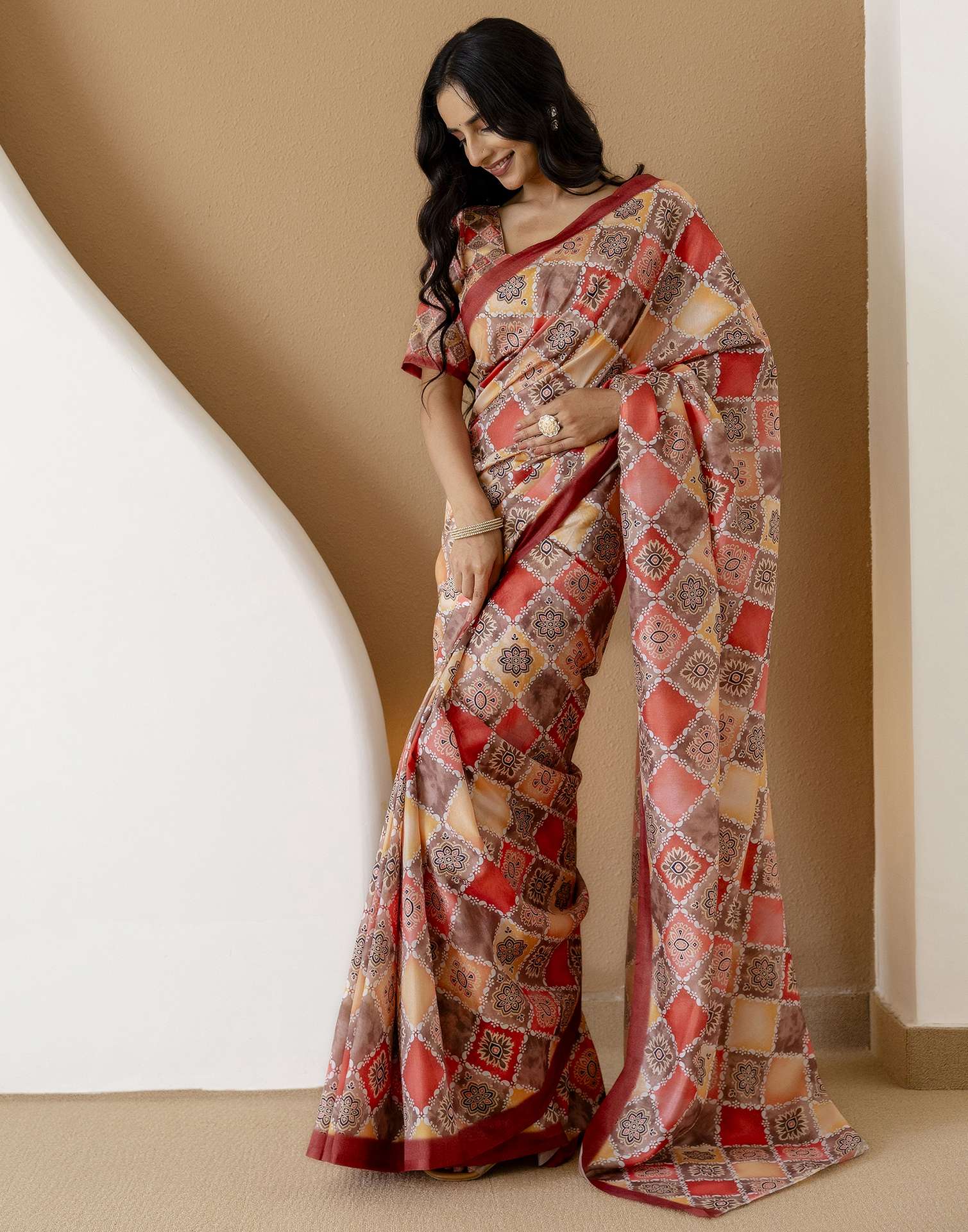 Ready To Wear Beige Silk Printed Saree