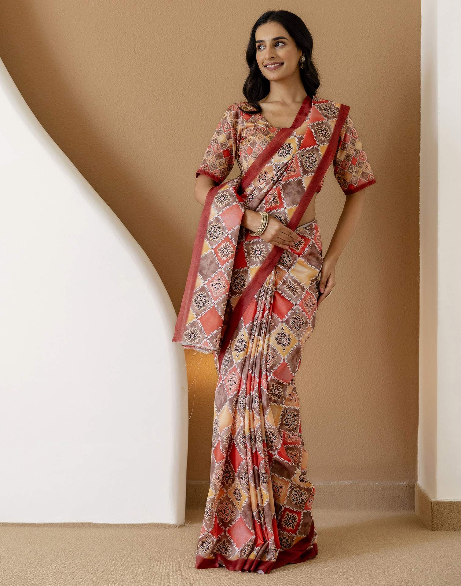 Ready To Wear Beige Silk Printed Saree