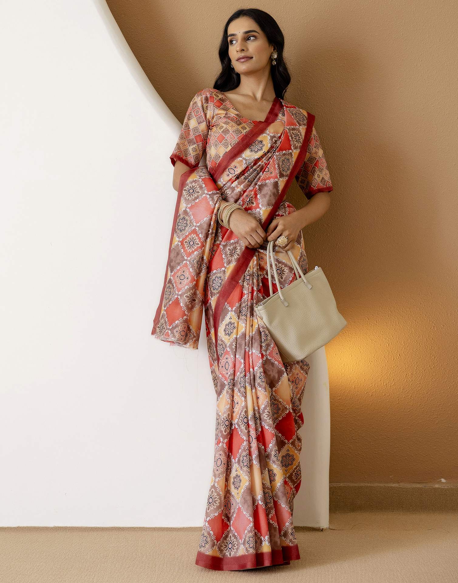 Ready To Wear Beige Silk Printed Saree