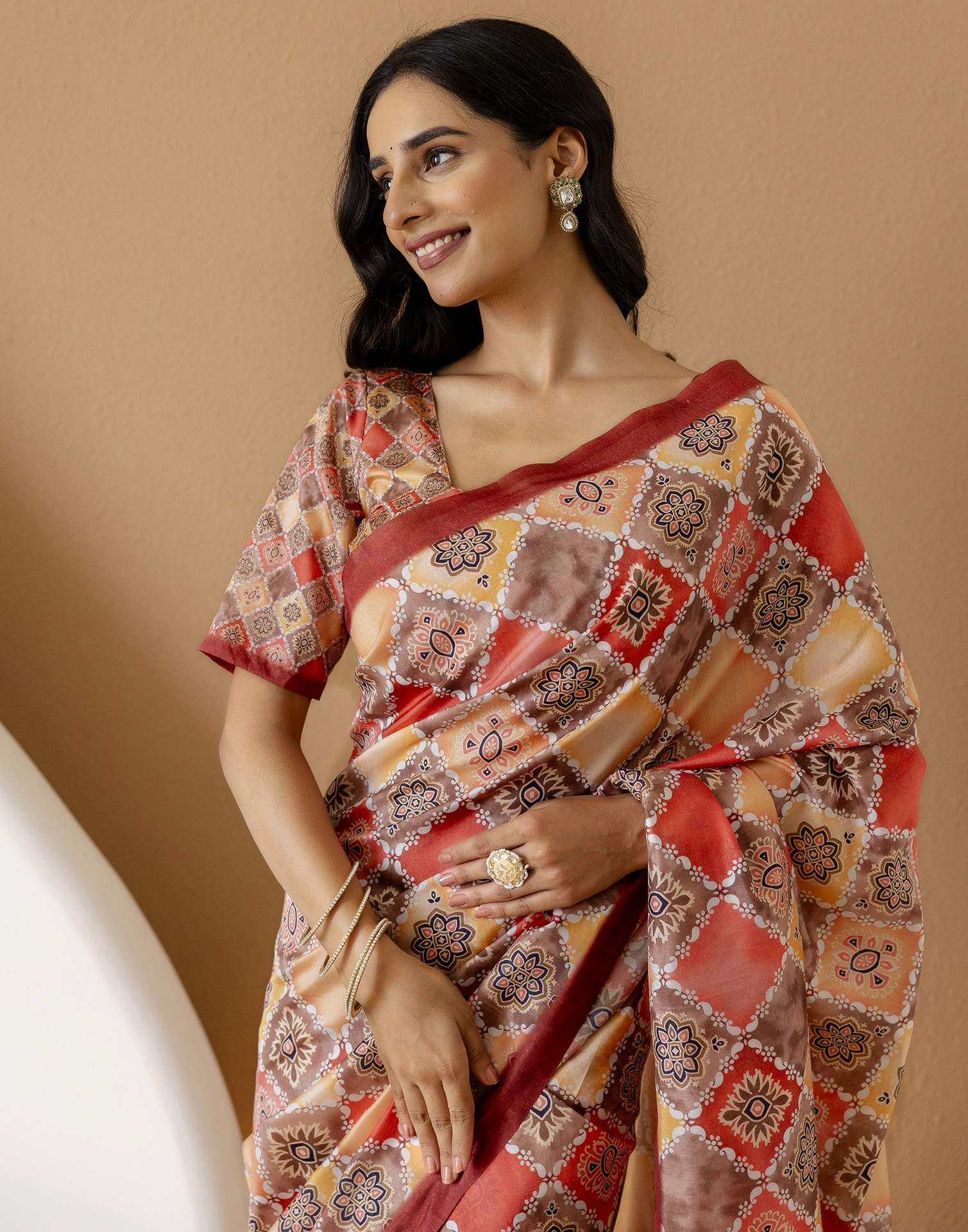 Ready To Wear Beige Silk Printed Saree