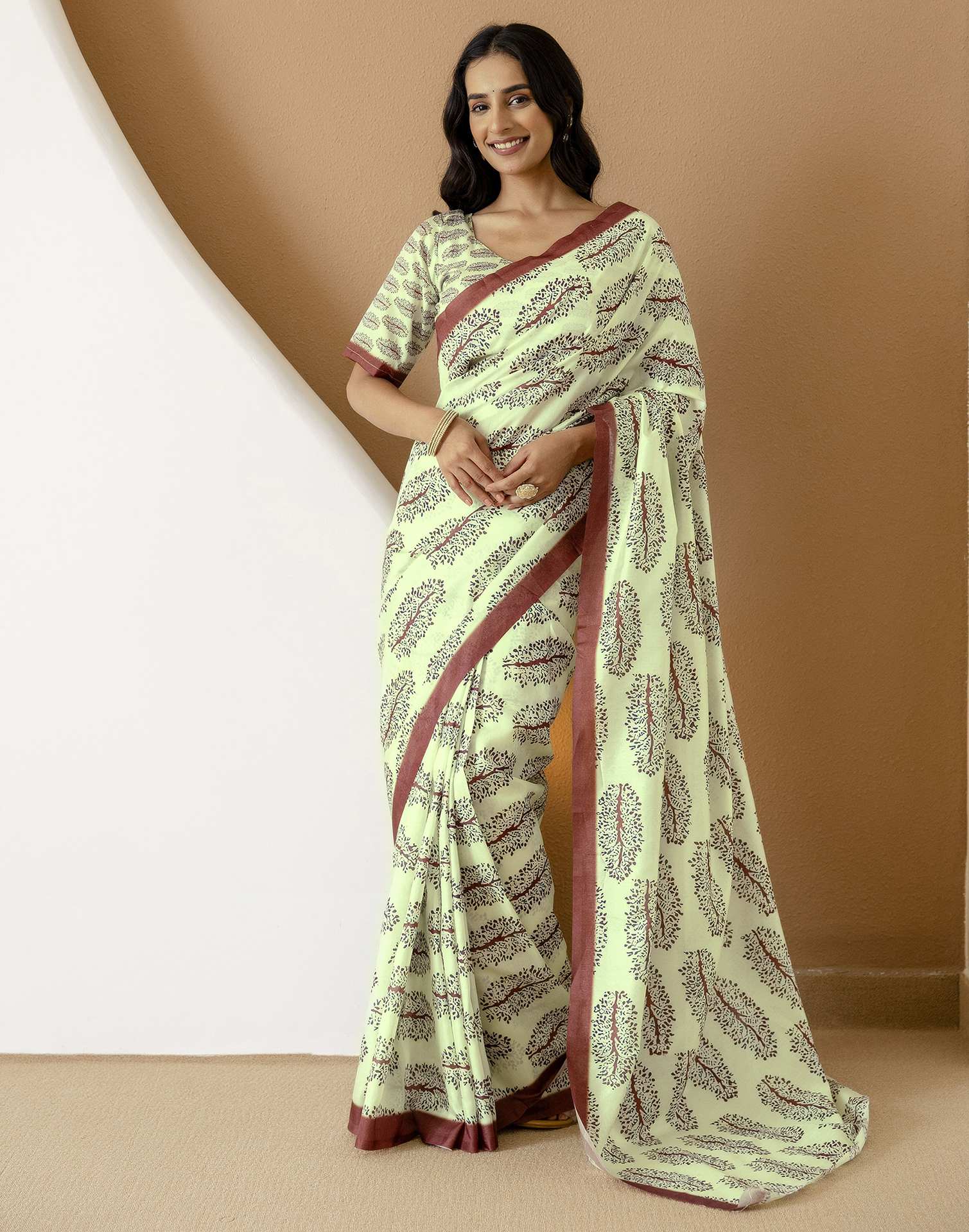 Ready To Wear Pista Green Silk Printed Saree