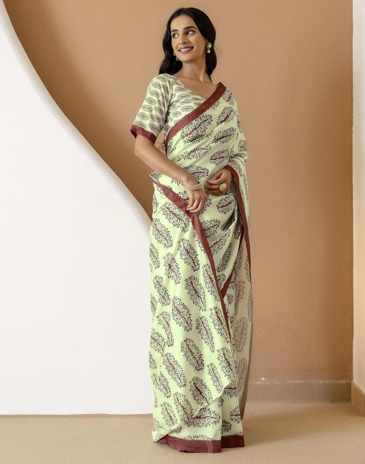 Ready To Wear Pista Green Silk Printed Saree