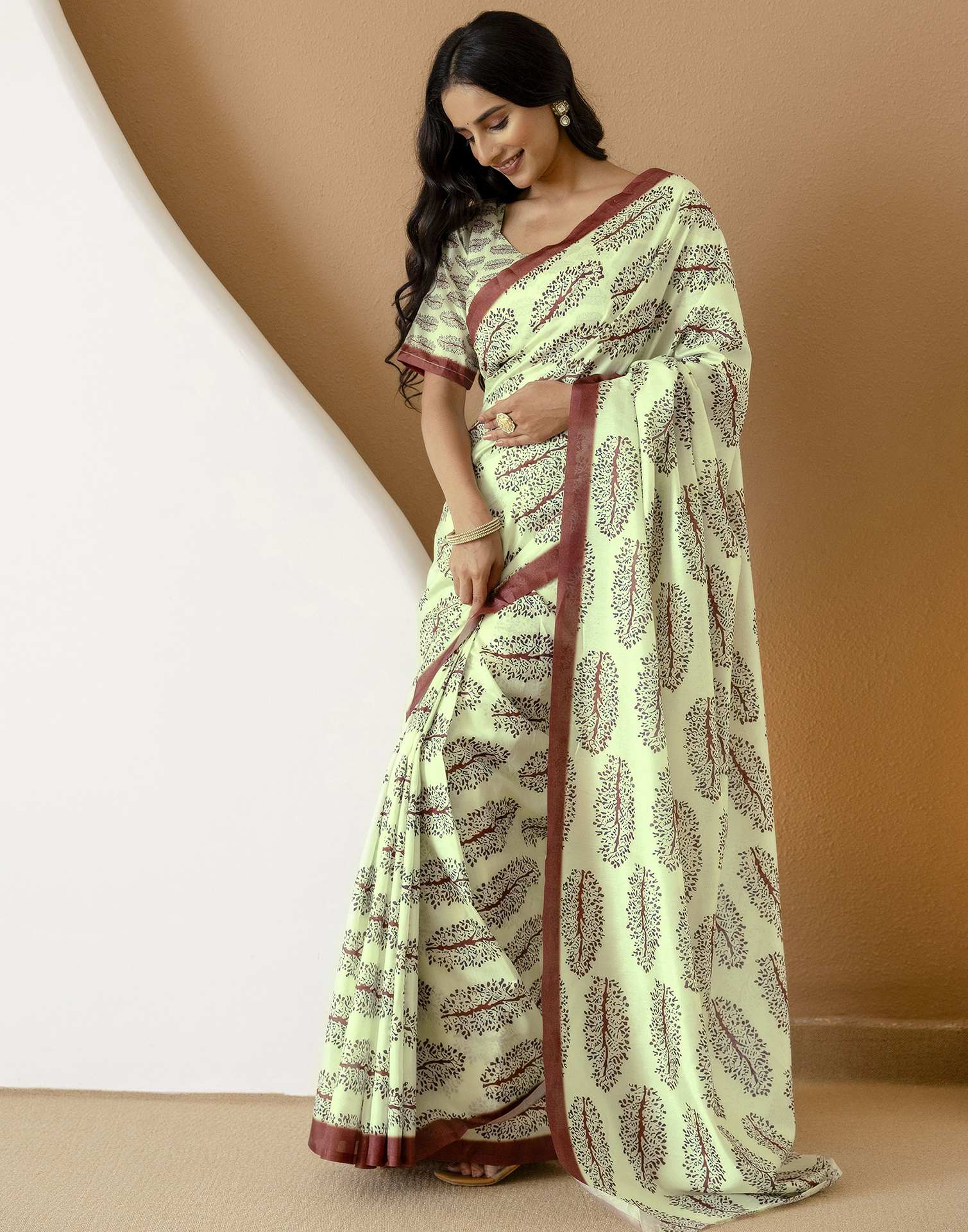 Ready To Wear Pista Green Silk Printed Saree