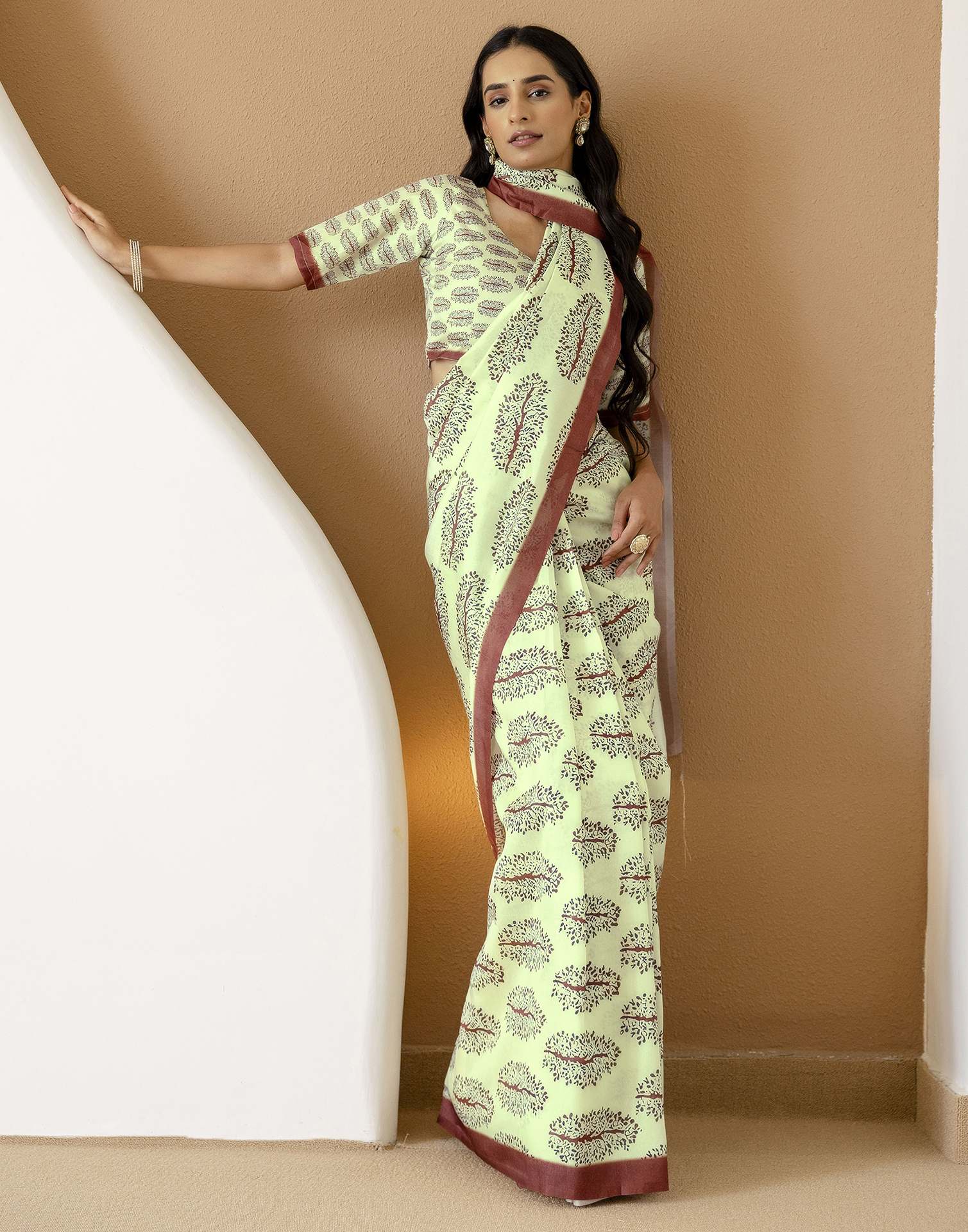 Ready To Wear Pista Green Silk Printed Saree