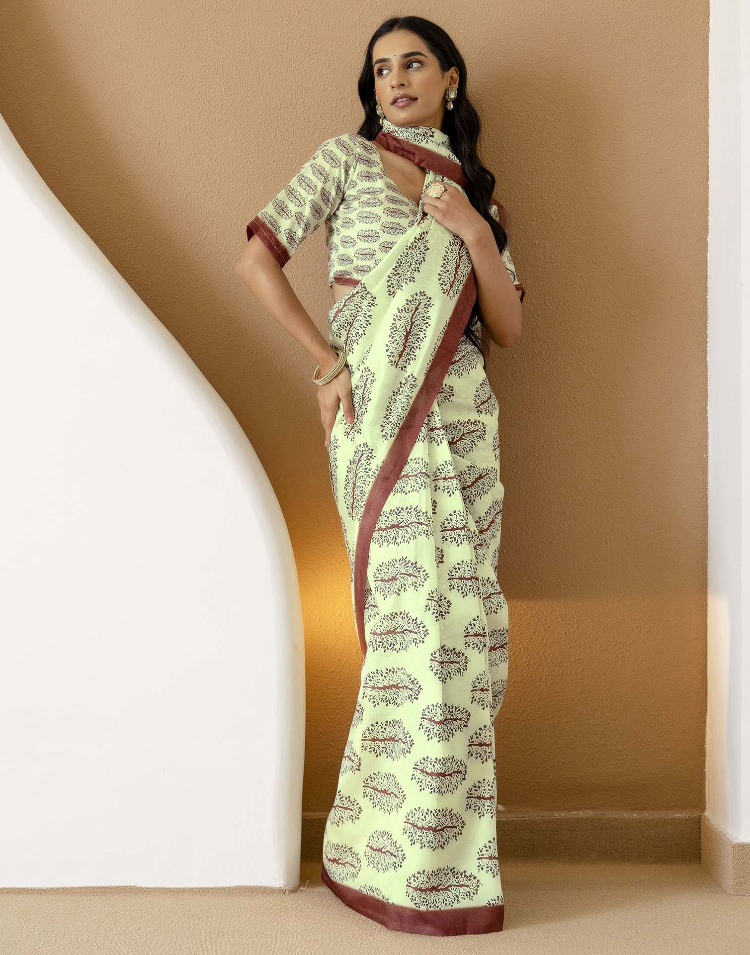 Ready To Wear Pista Green Silk Printed Saree