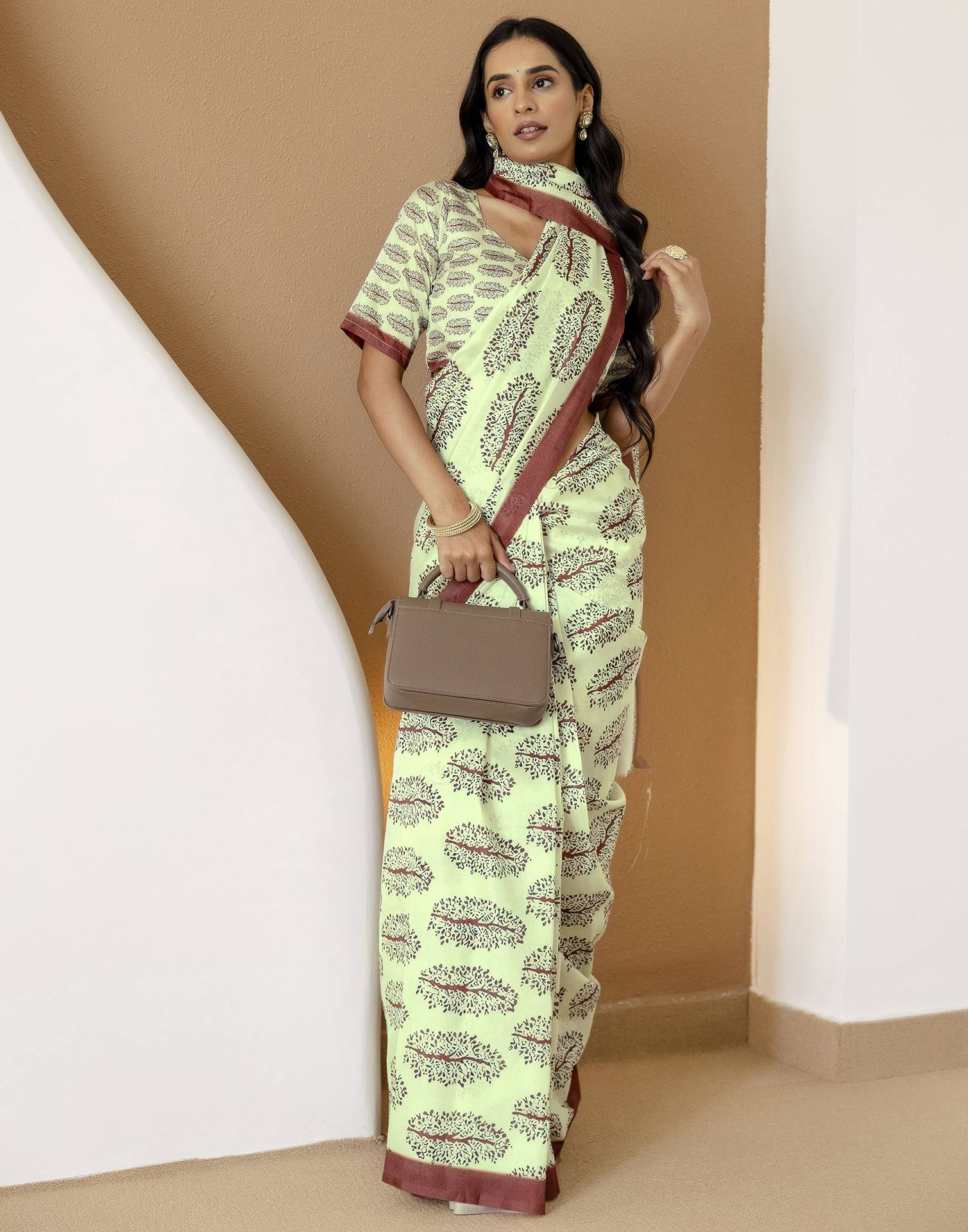 Ready To Wear Pista Green Silk Printed Saree