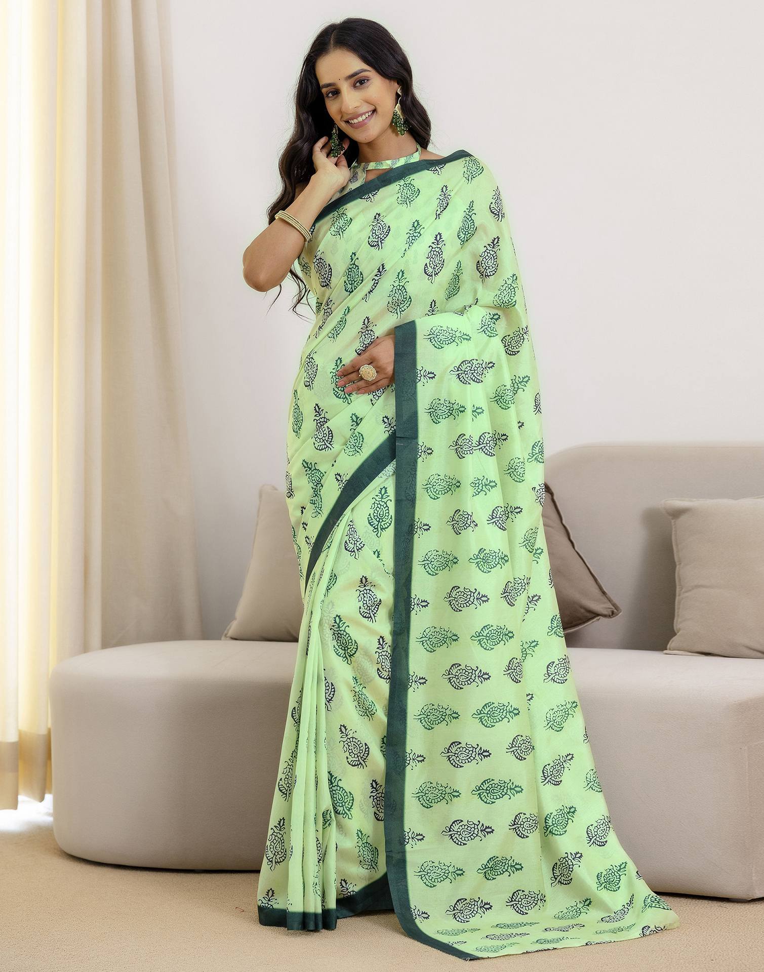 Ready To Wear Pista Green Silk Printed Saree