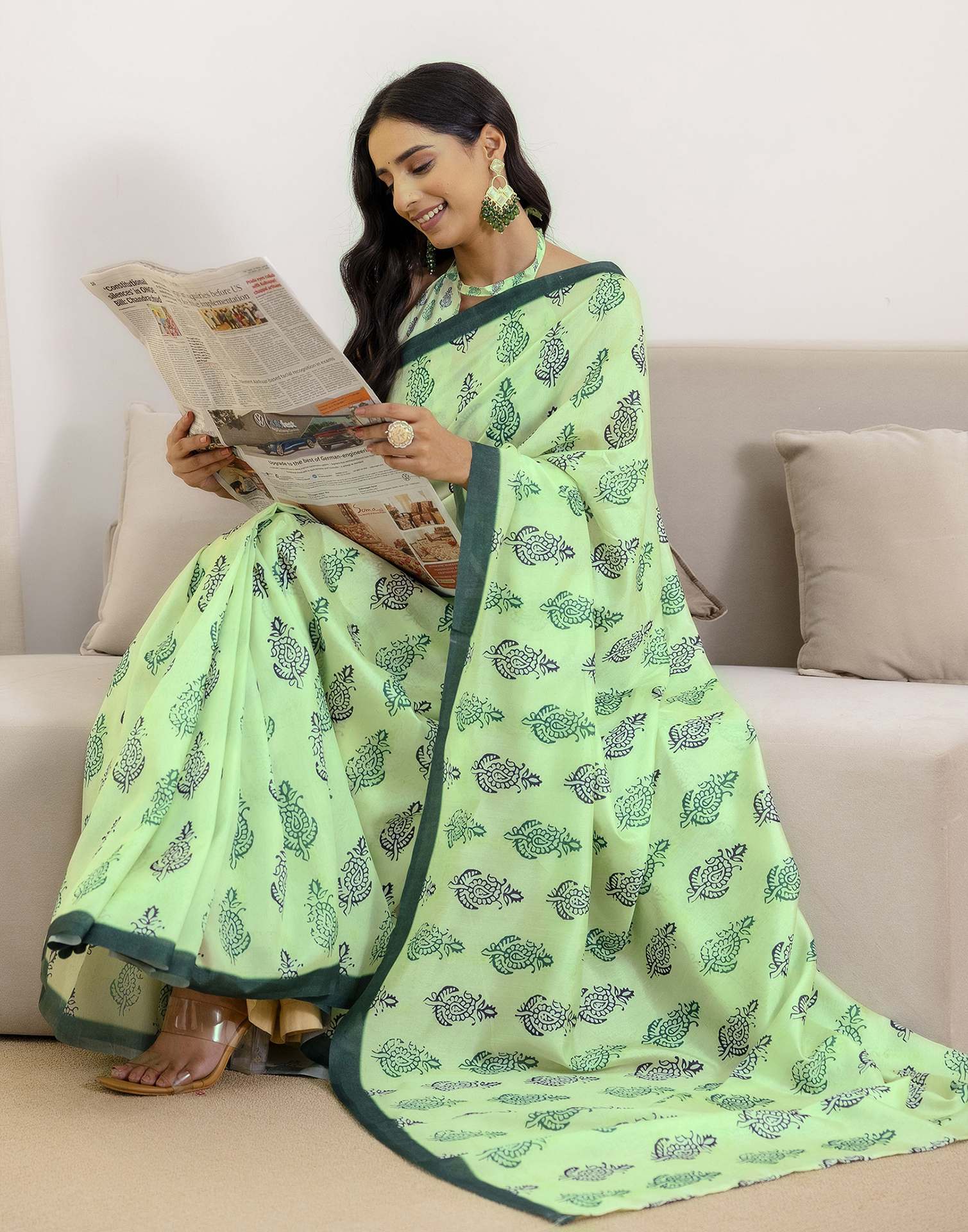 Ready To Wear Pista Green Silk Printed Saree