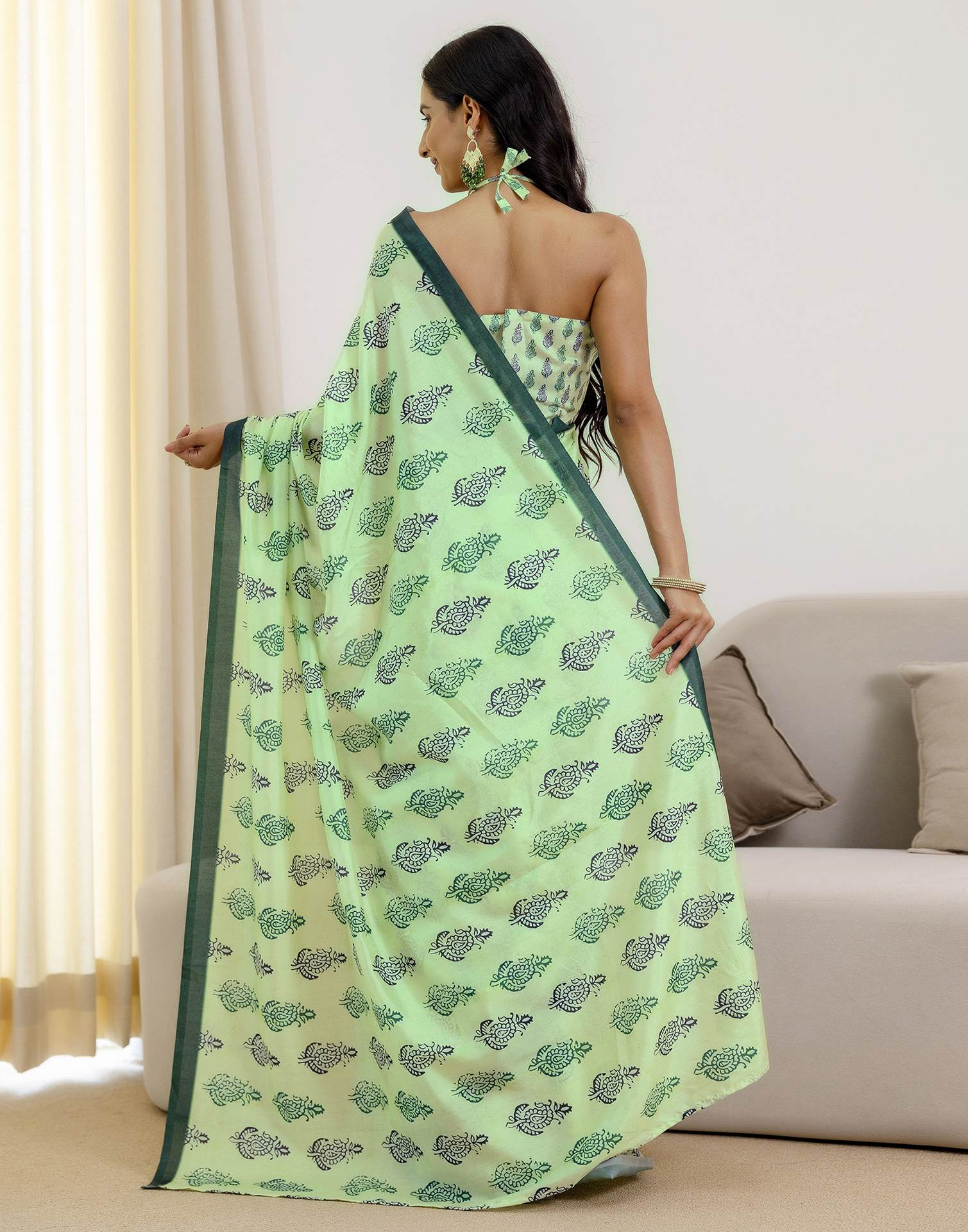 Ready To Wear Pista Green Silk Printed Saree