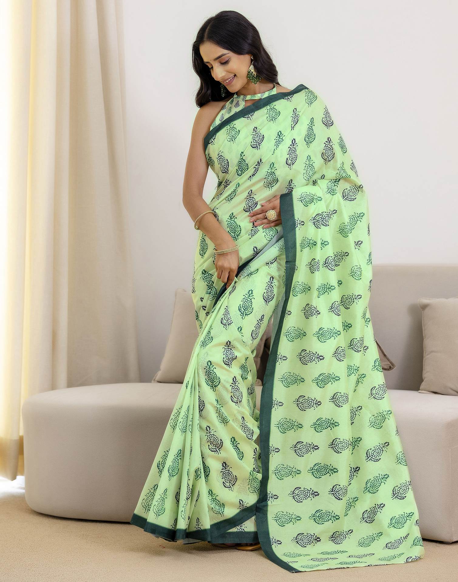 Ready To Wear Pista Green Silk Printed Saree