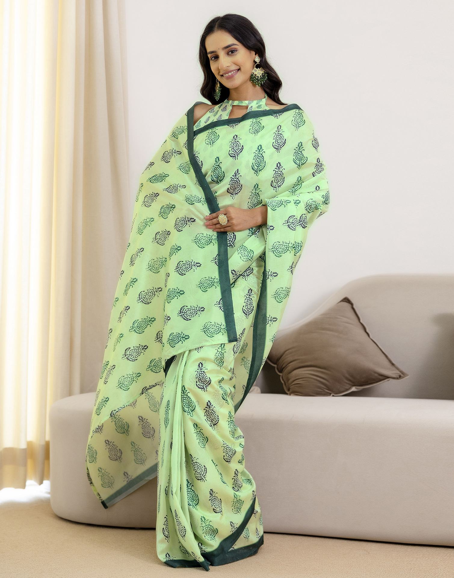 Ready To Wear Pista Green Silk Printed Saree