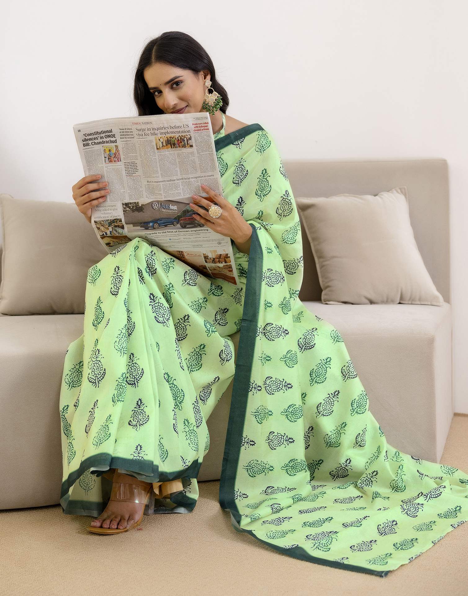 Ready To Wear Pista Green Silk Printed Saree
