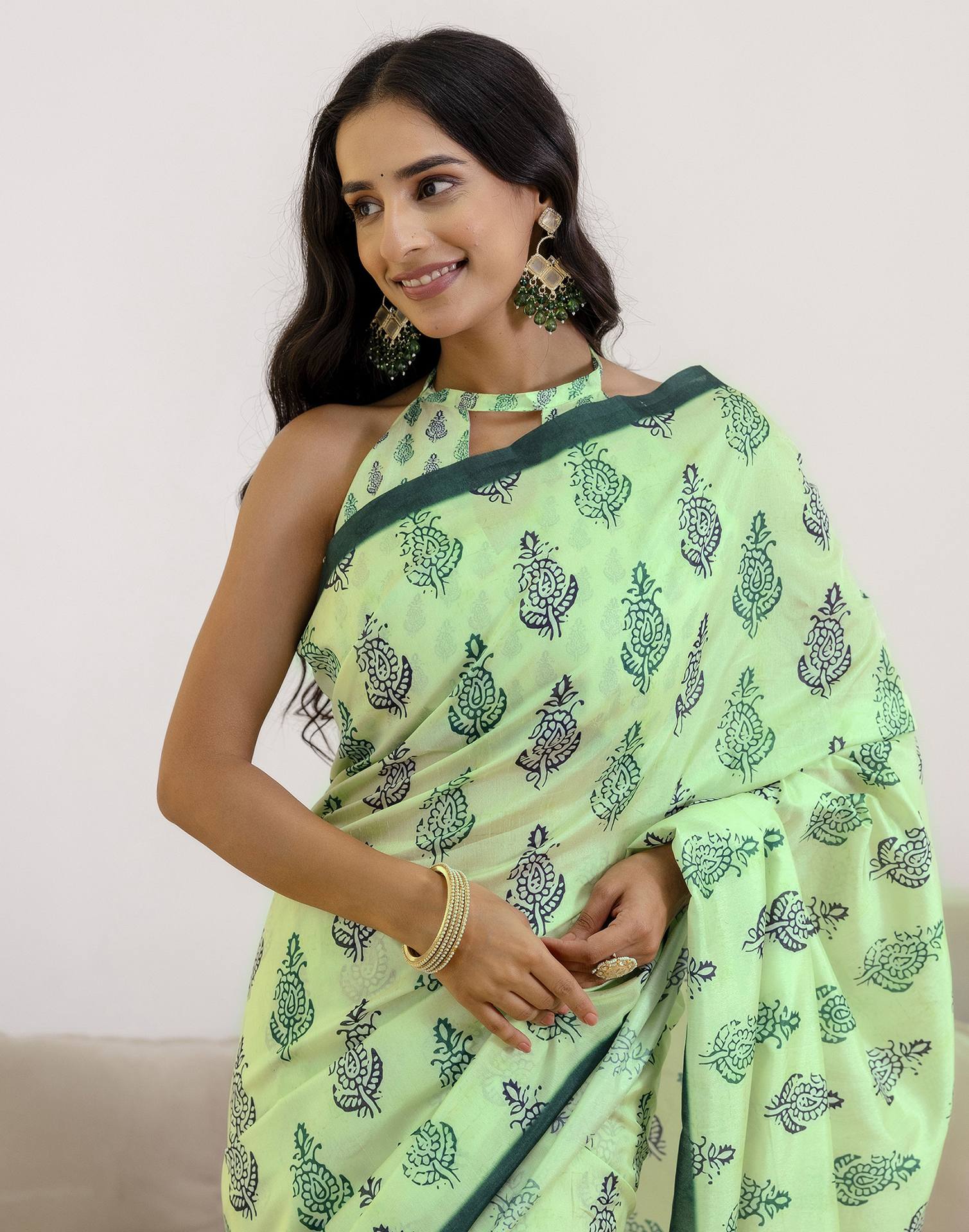 Ready To Wear Pista Green Silk Printed Saree