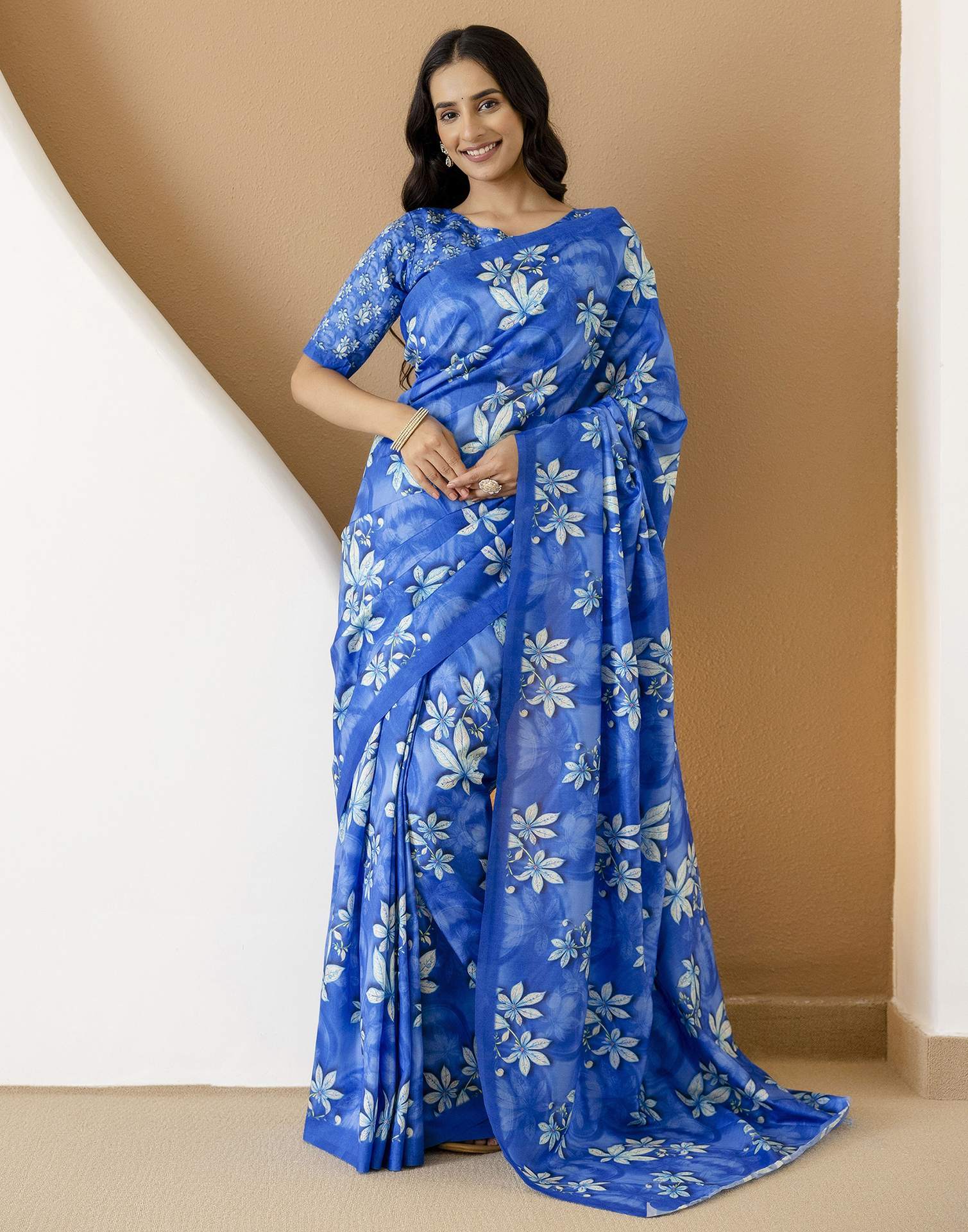 Ready To Wear Blue Silk Printed Saree