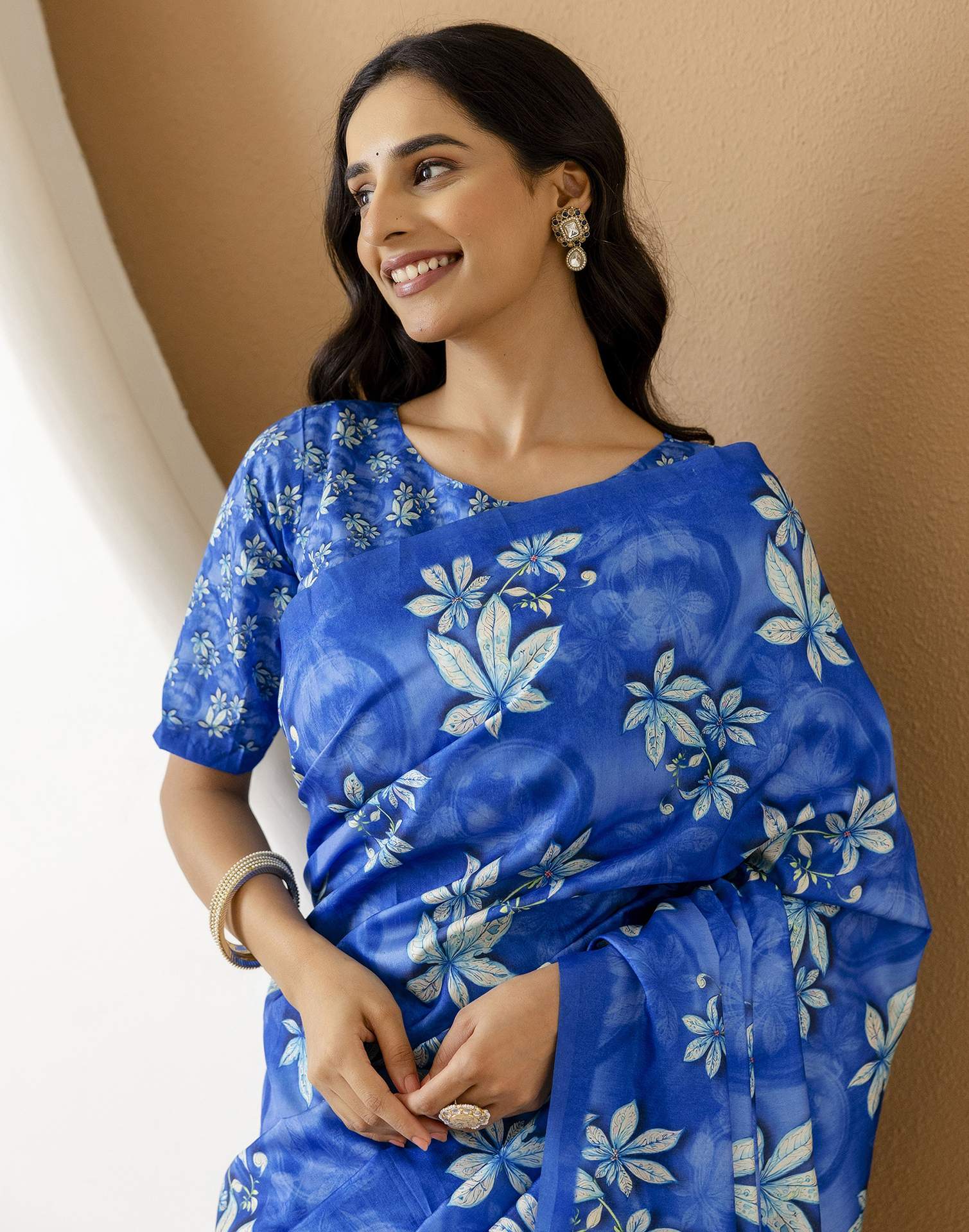 Ready To Wear Blue Silk Printed Saree
