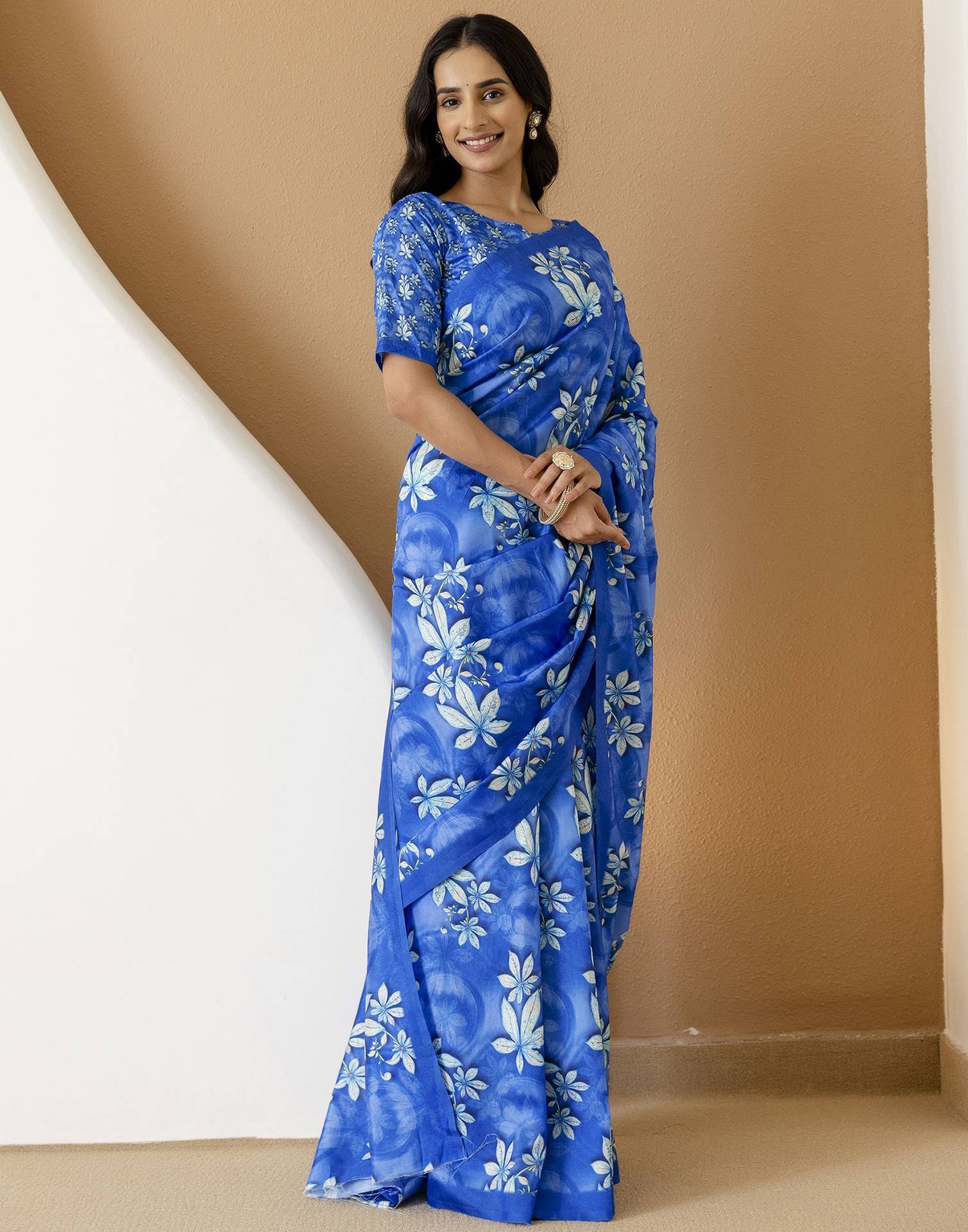 Ready To Wear Blue Silk Printed Saree