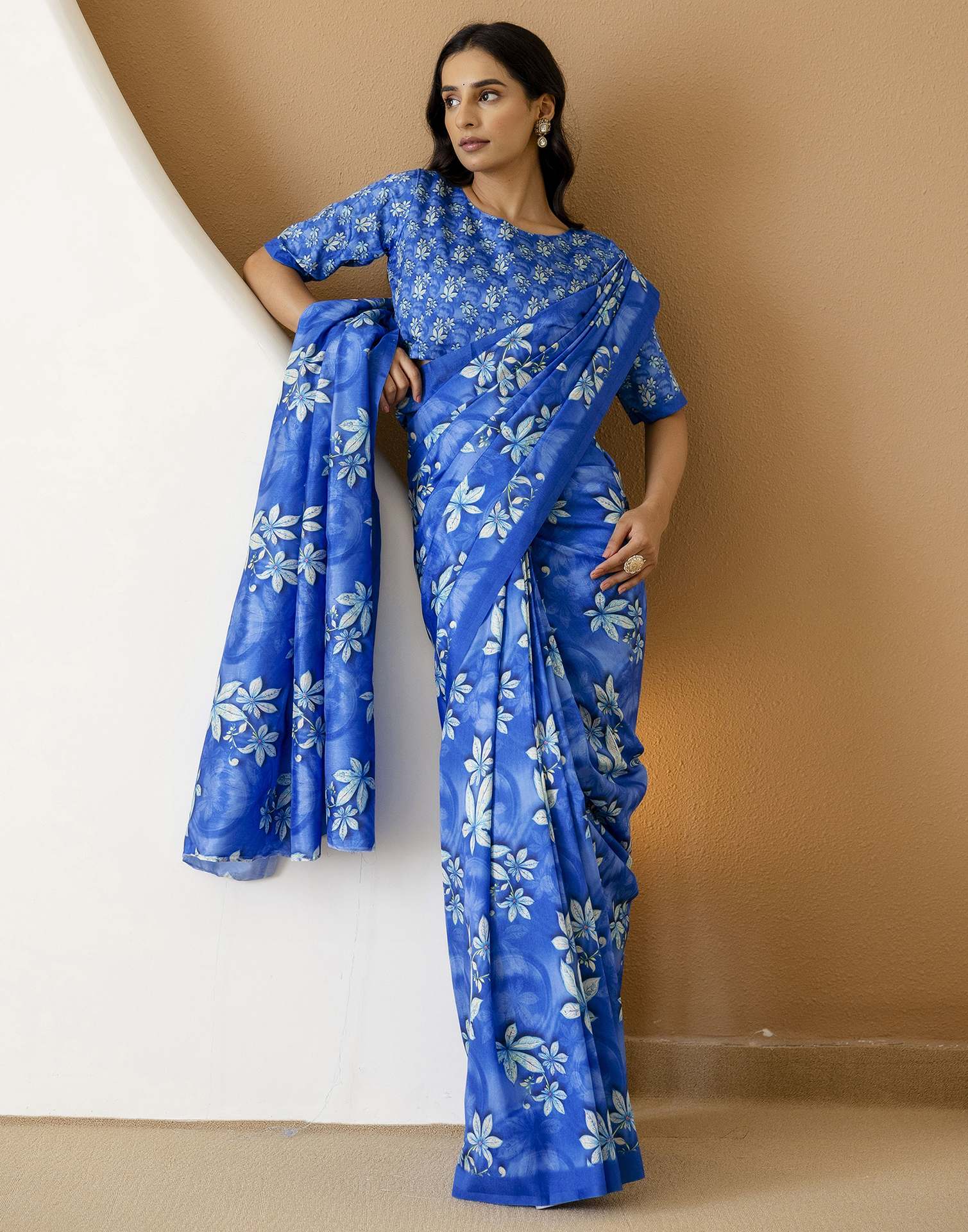 Ready To Wear Blue Silk Printed Saree