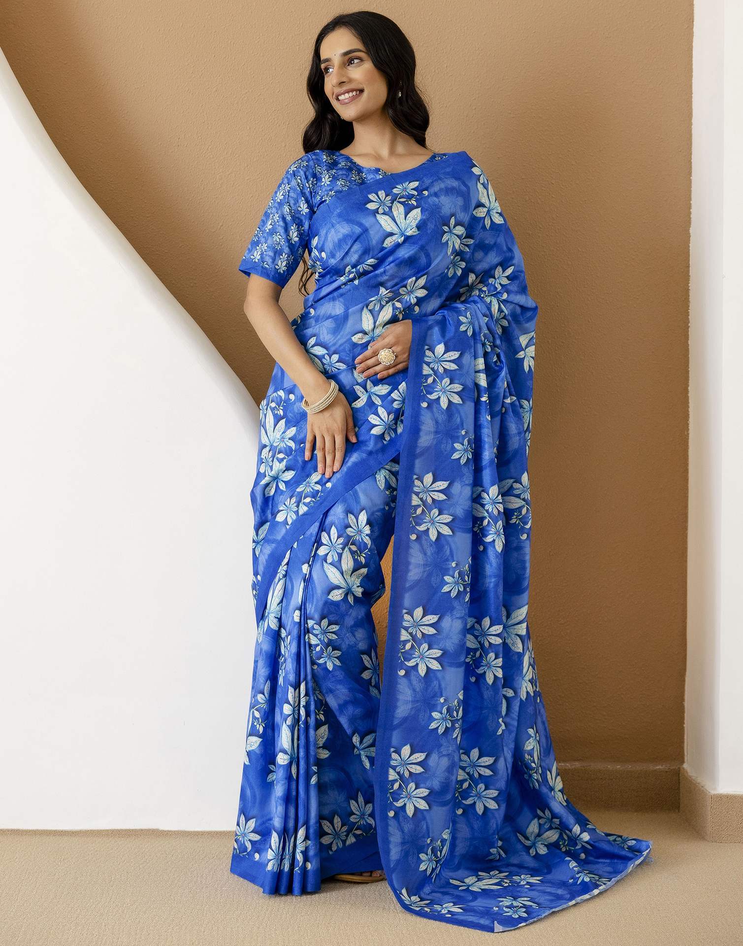 Ready To Wear Blue Silk Printed Saree