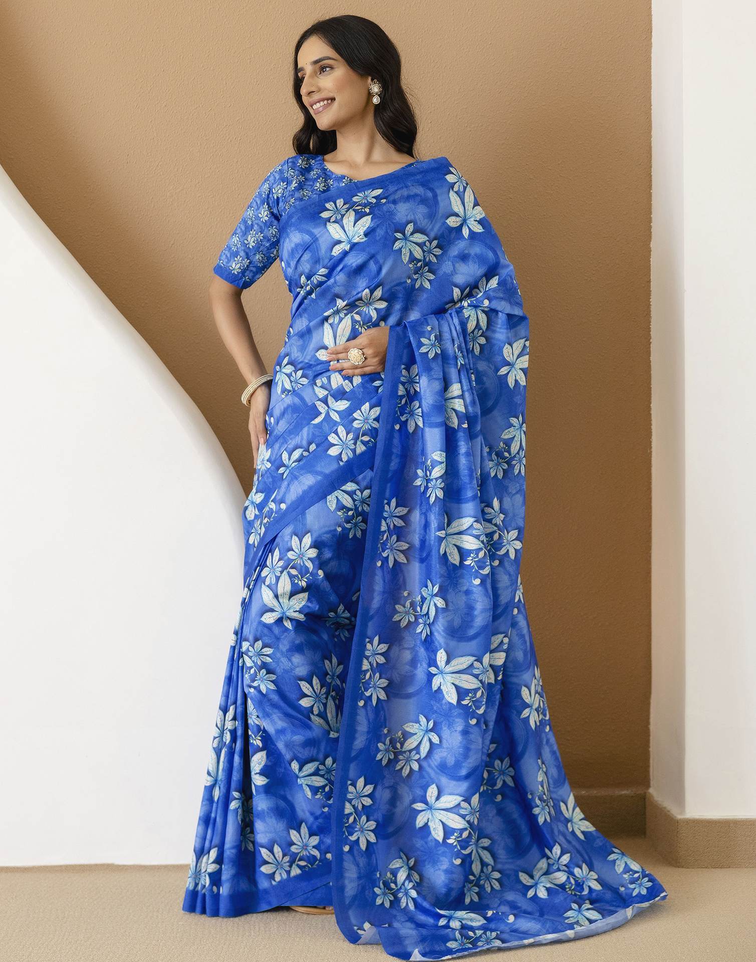 Ready To Wear Blue Silk Printed Saree