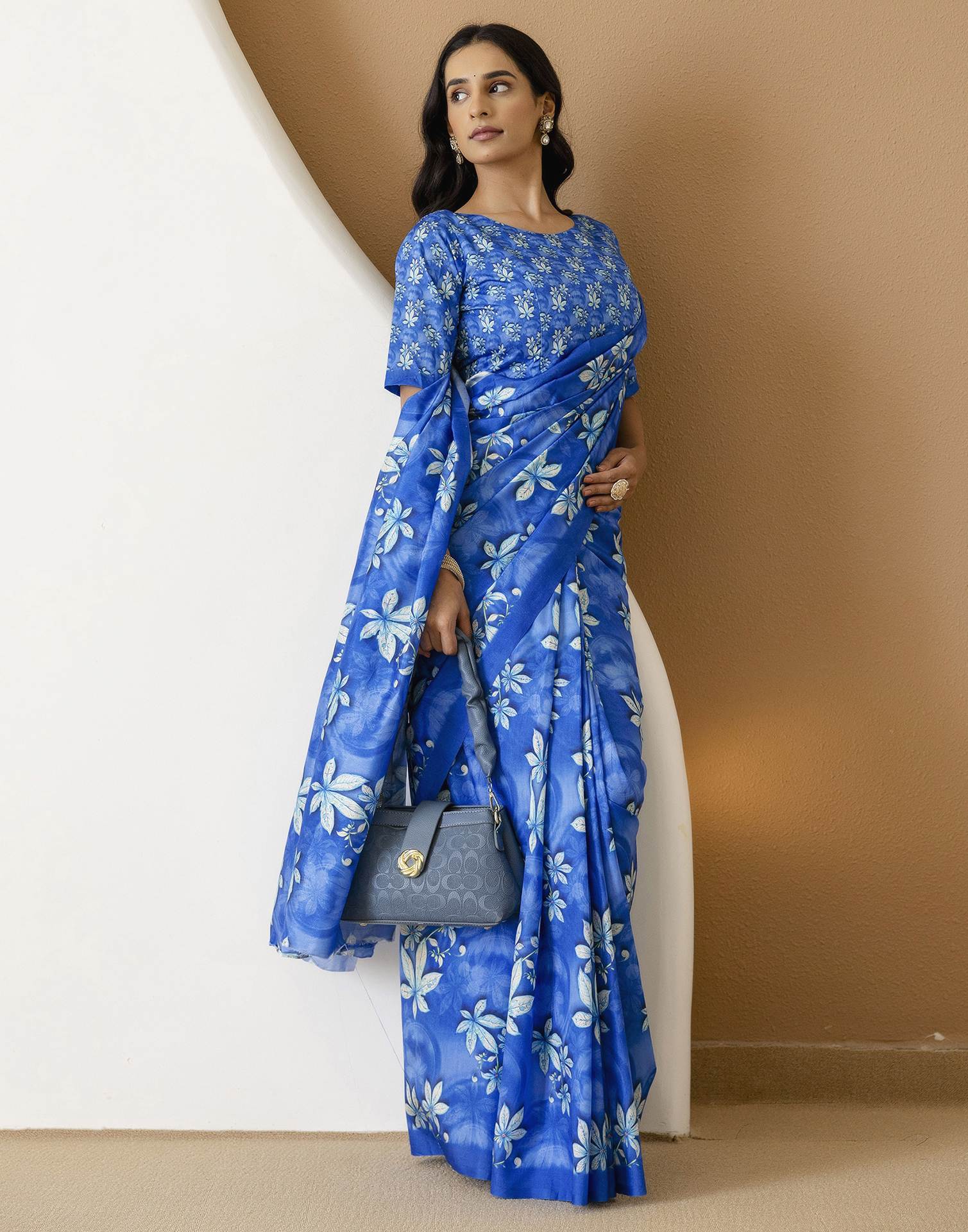 Ready To Wear Blue Silk Printed Saree