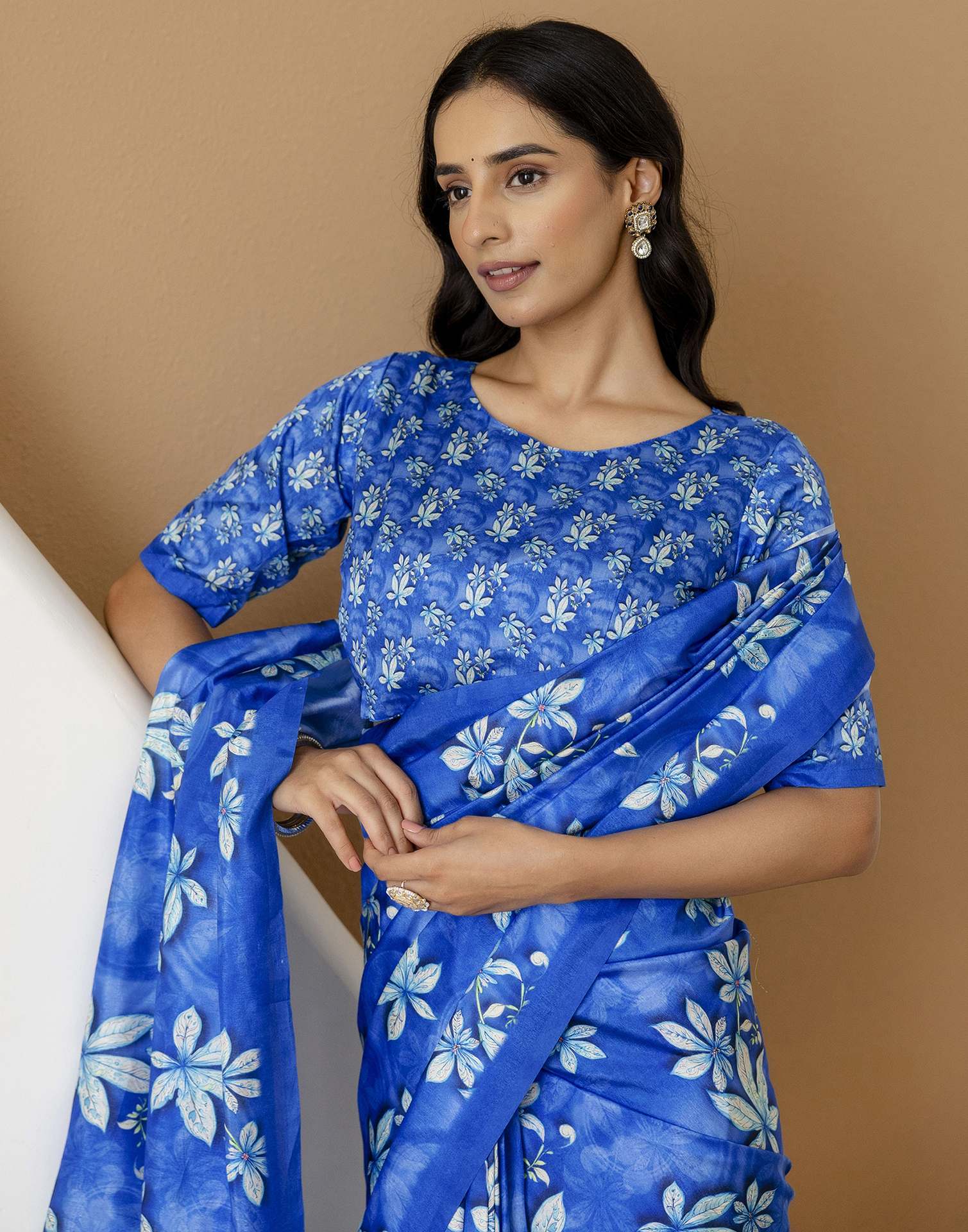 Ready To Wear Blue Silk Printed Saree