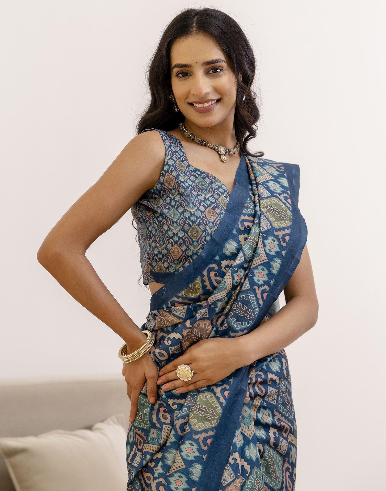 Ready To Wear Navy Blue Silk Printed Saree