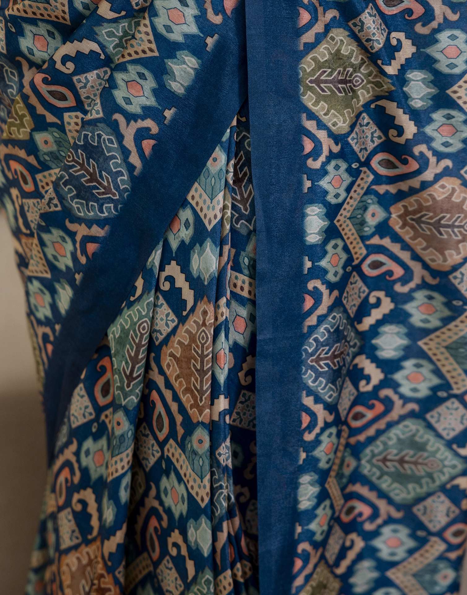 Ready To Wear Navy Blue Silk Printed Saree