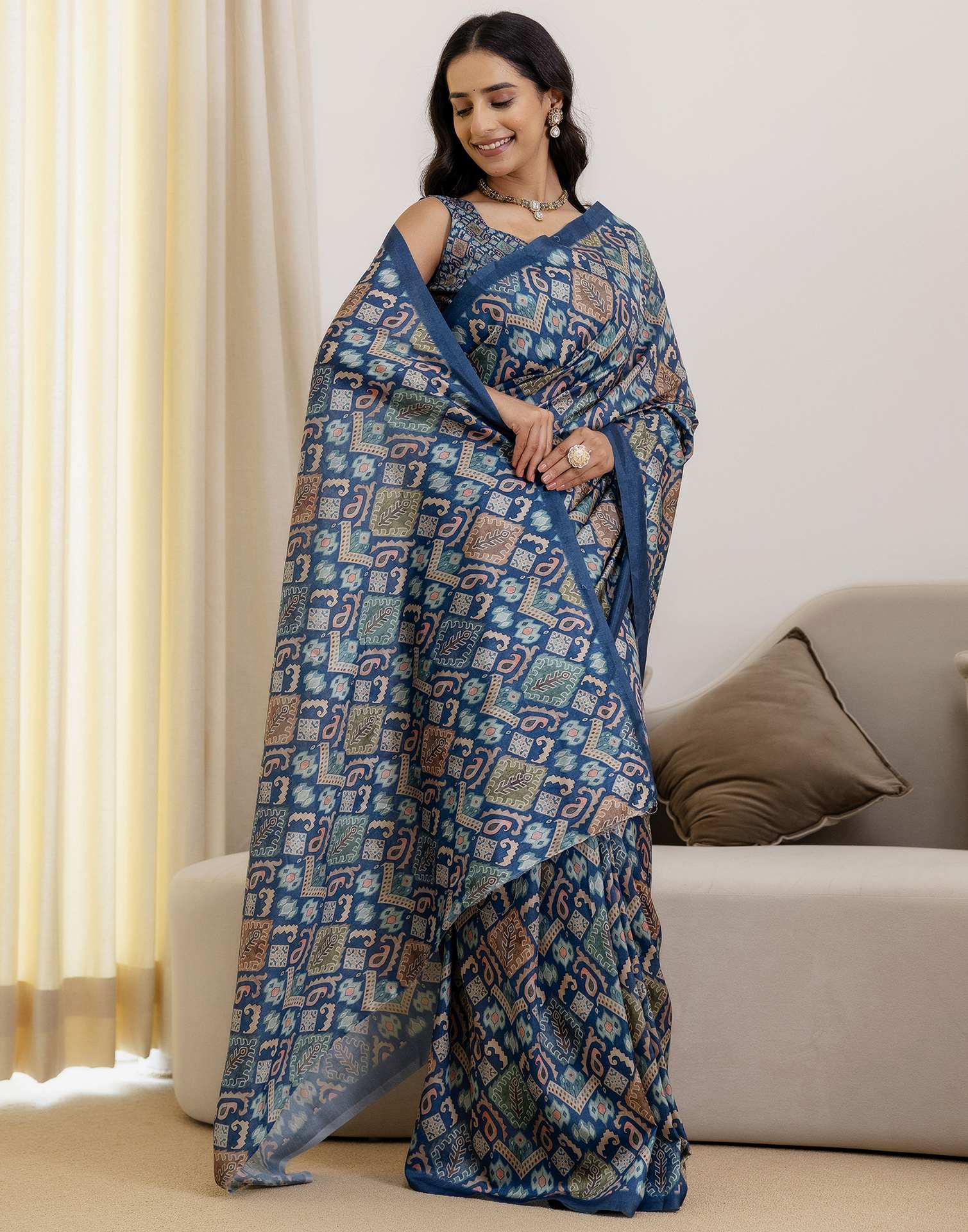 Ready To Wear Navy Blue Silk Printed Saree