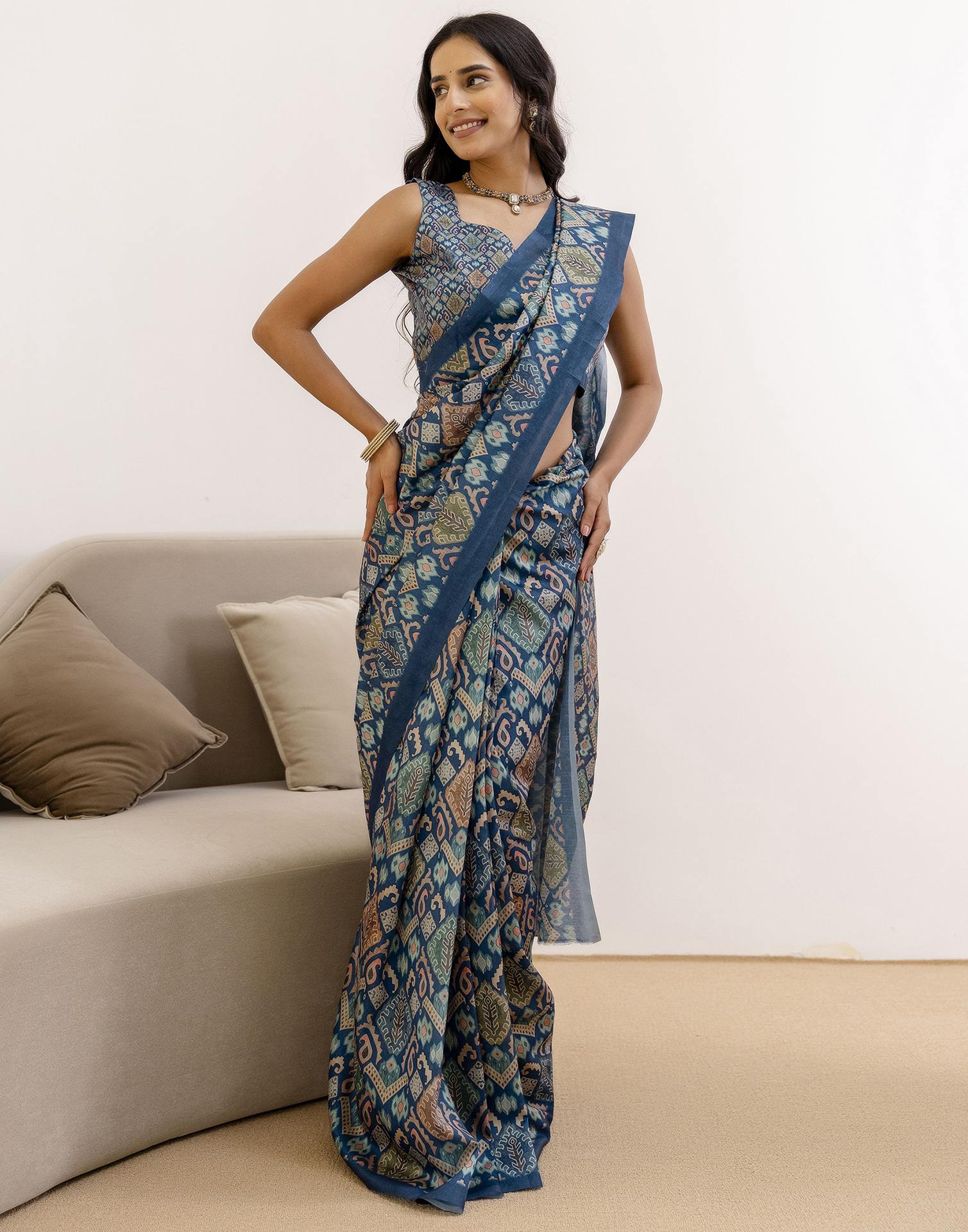 Ready To Wear Navy Blue Silk Printed Saree