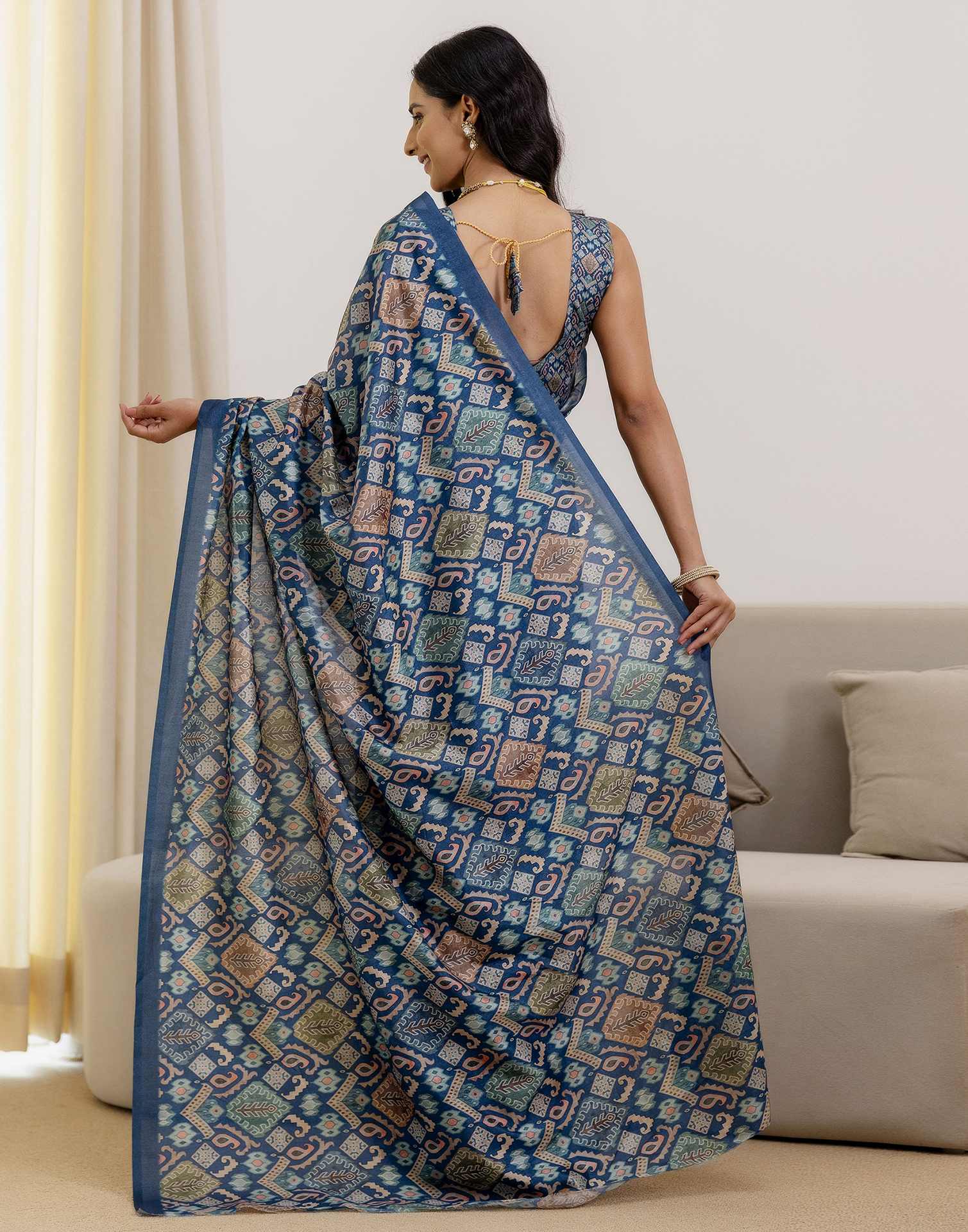 Ready To Wear Navy Blue Silk Printed Saree
