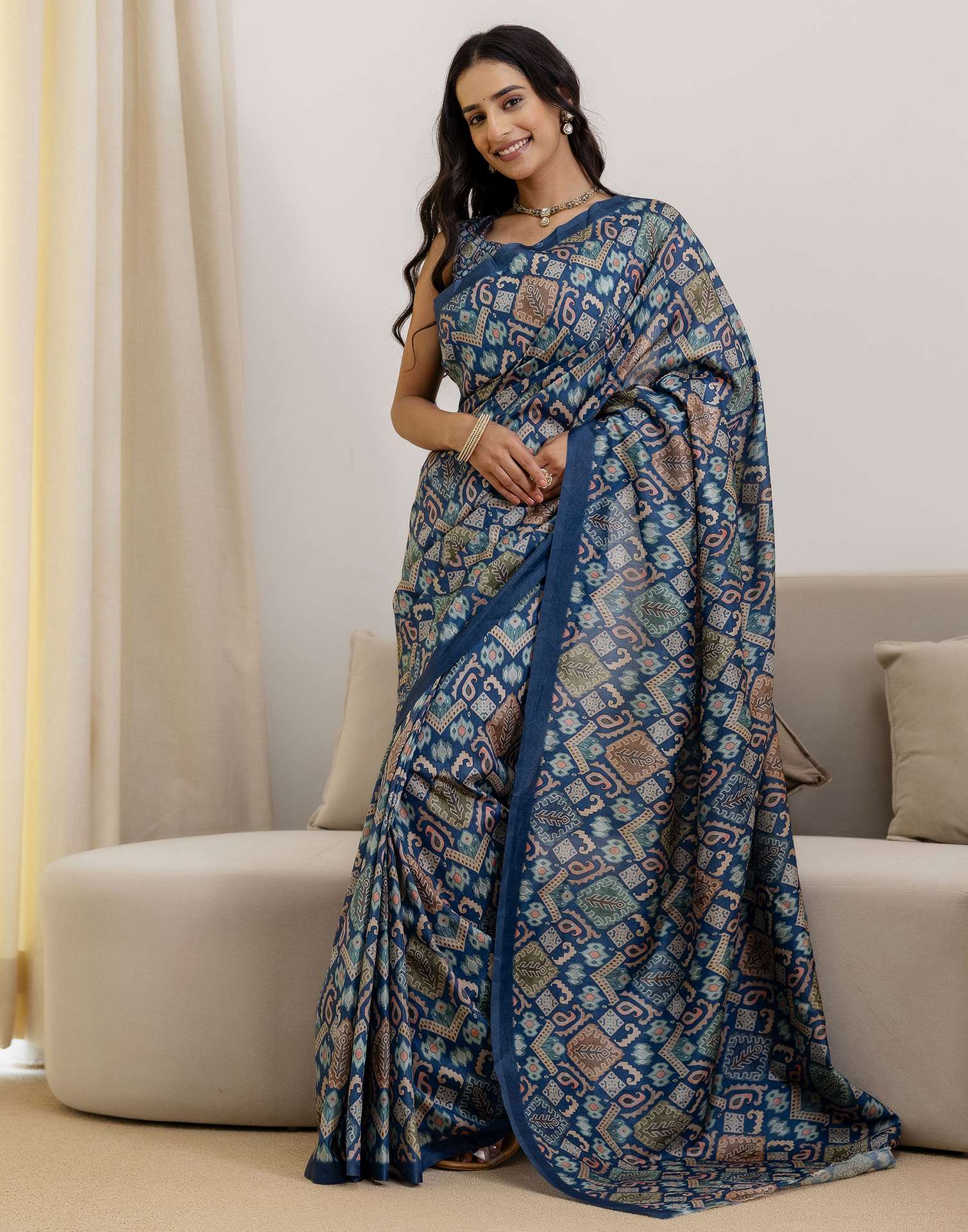 Ready To Wear Navy Blue Silk Printed Saree