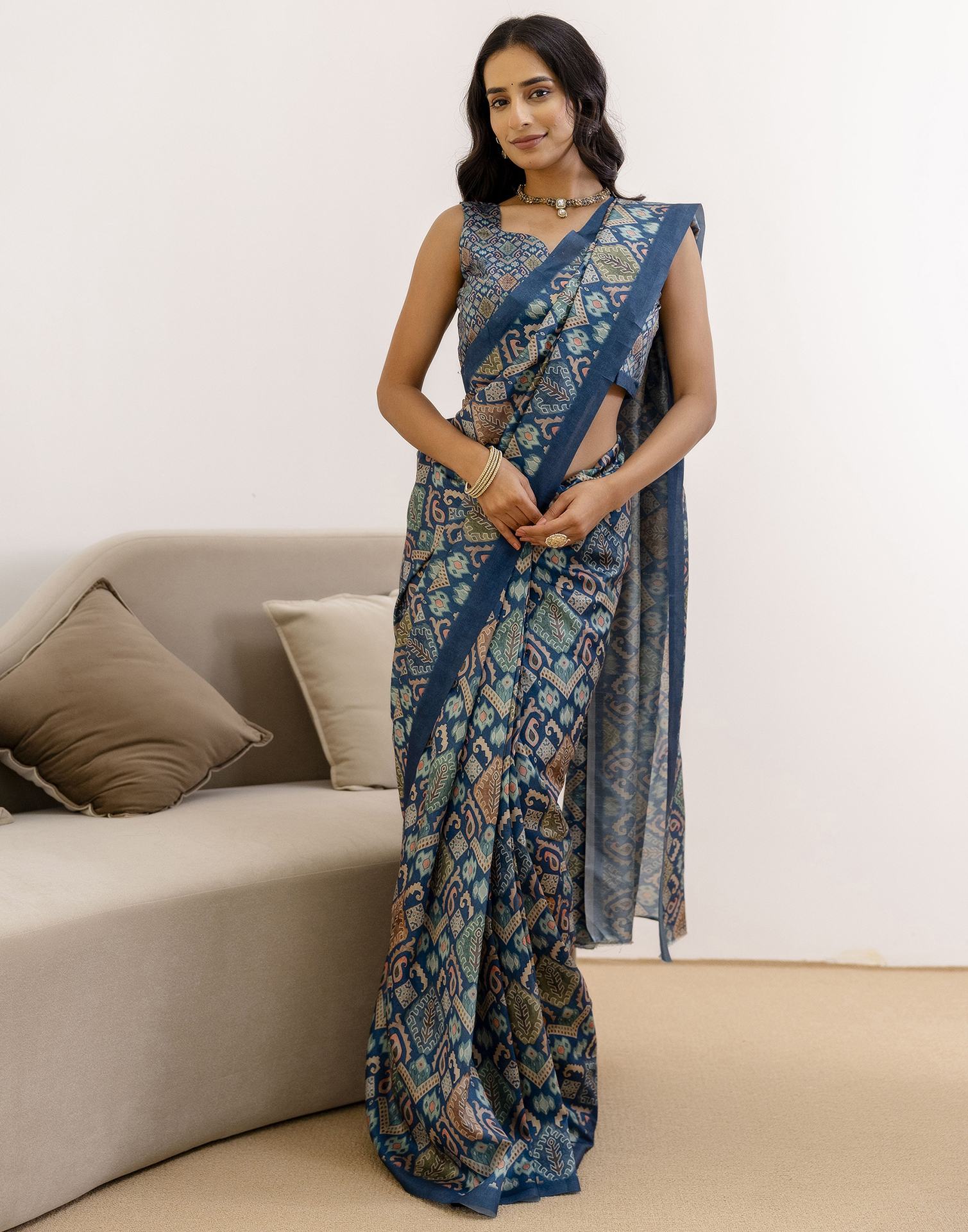 Ready To Wear Navy Blue Silk Printed Saree
