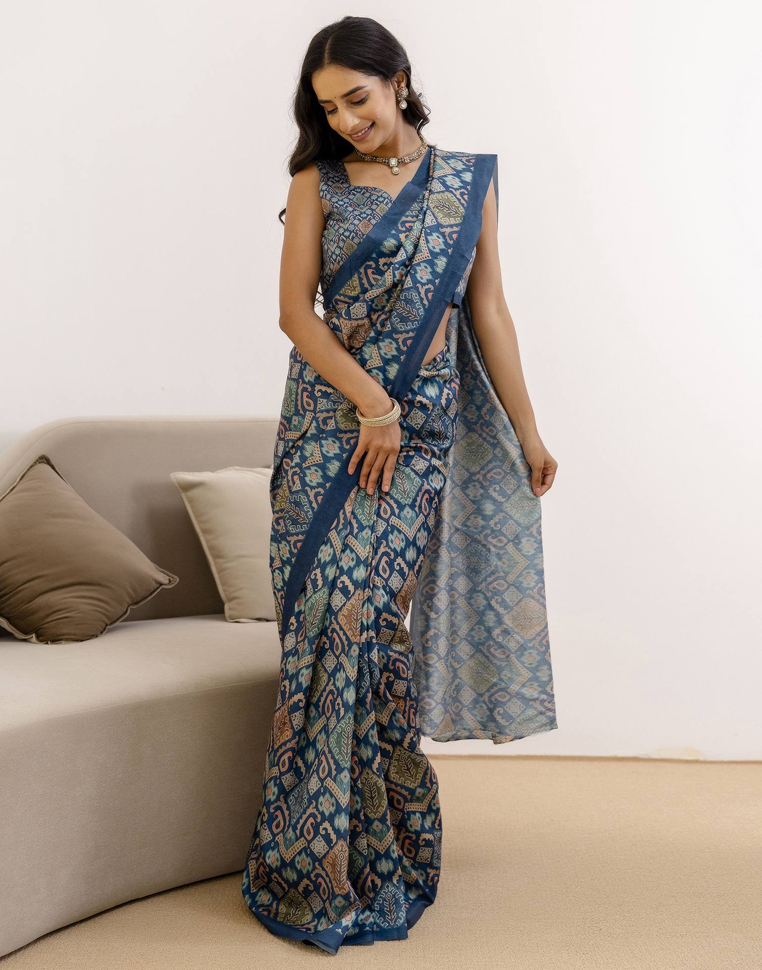 Ready To Wear Navy Blue Silk Printed Saree