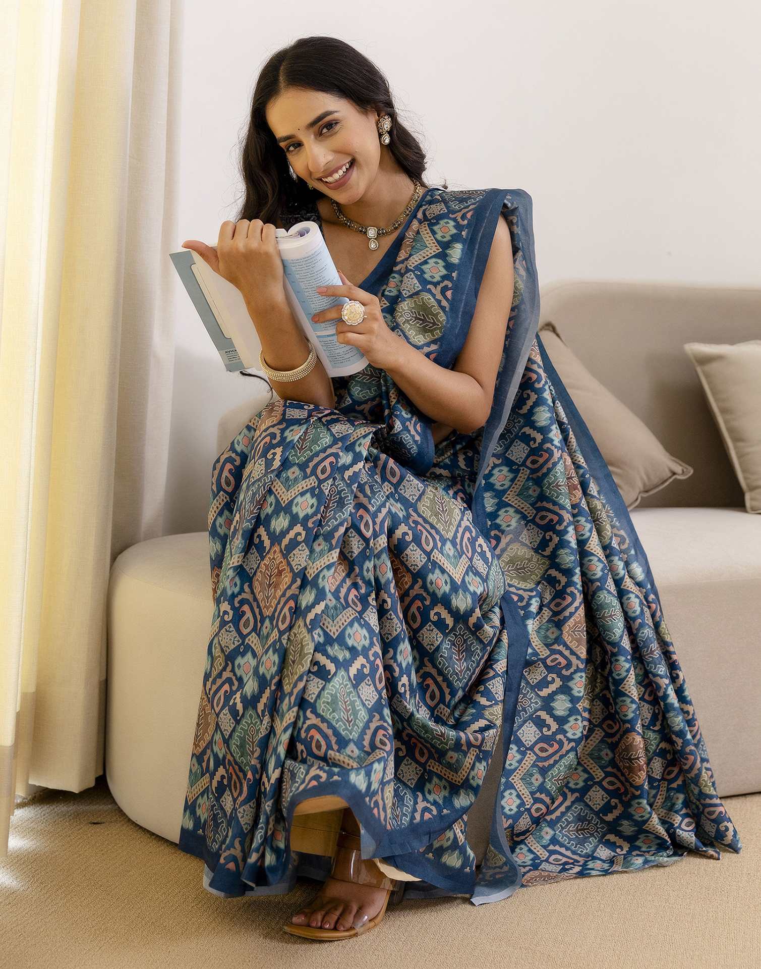 Ready To Wear Navy Blue Silk Printed Saree